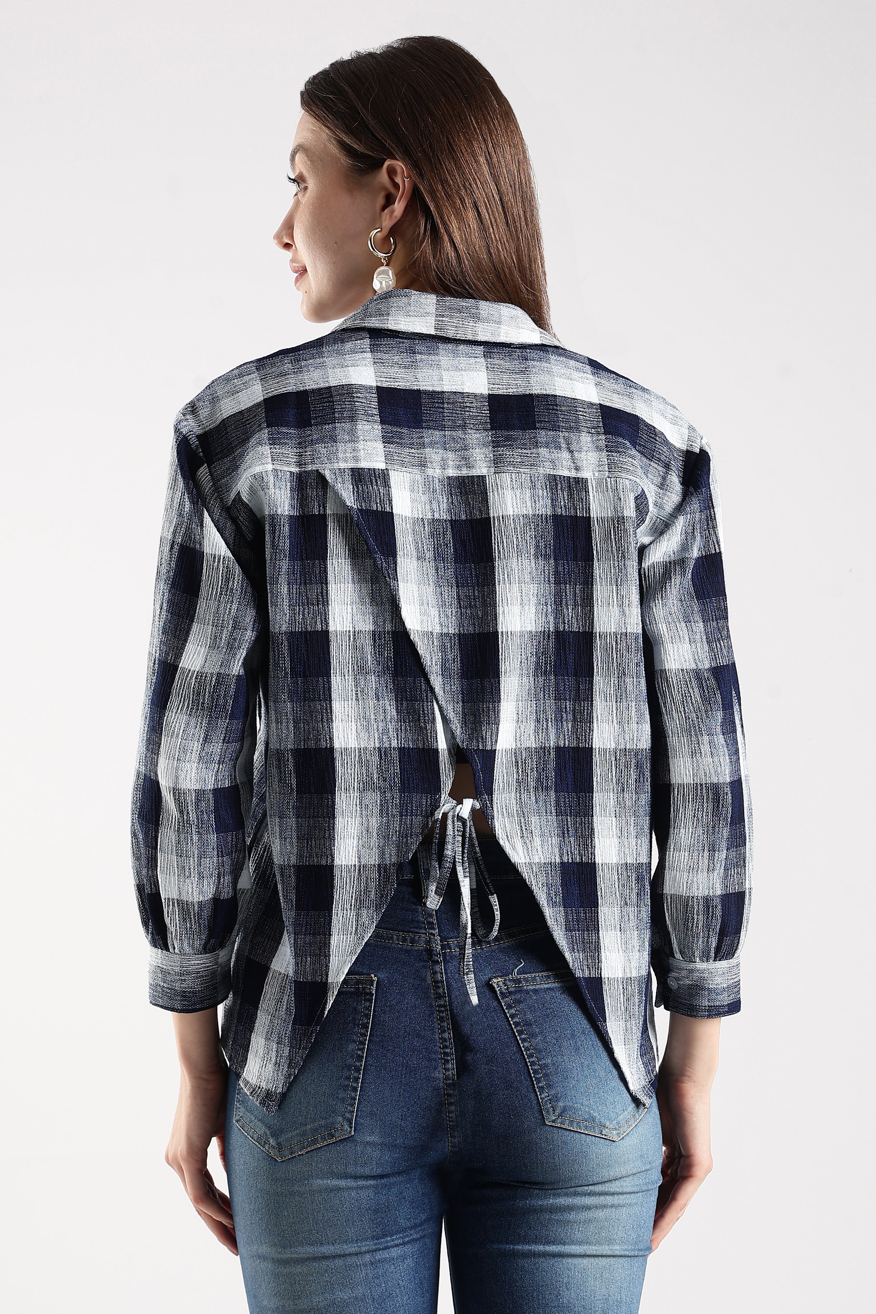 Women Indigo Open-Back Check Shirt