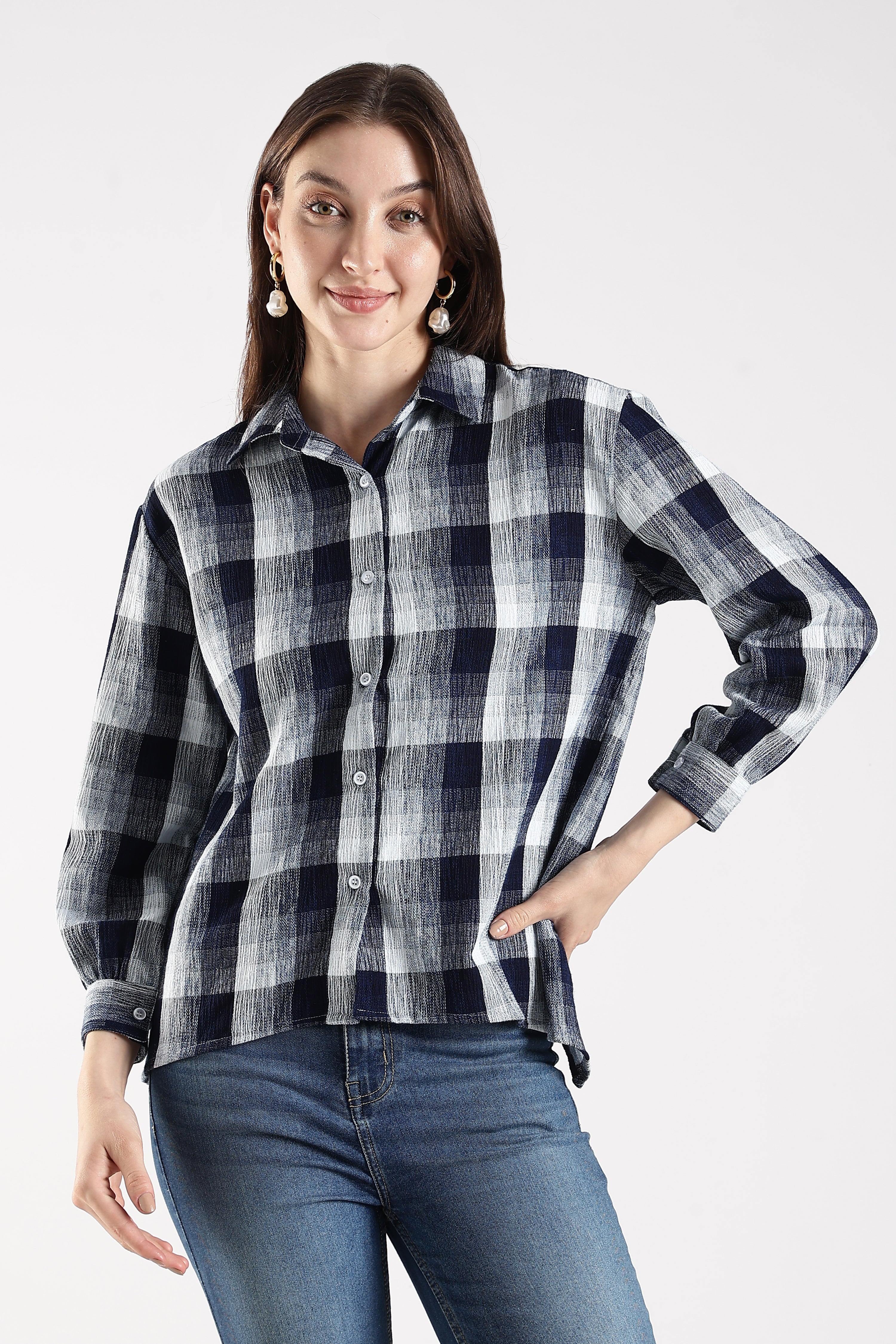 Women Indigo Open-Back Check Shirt