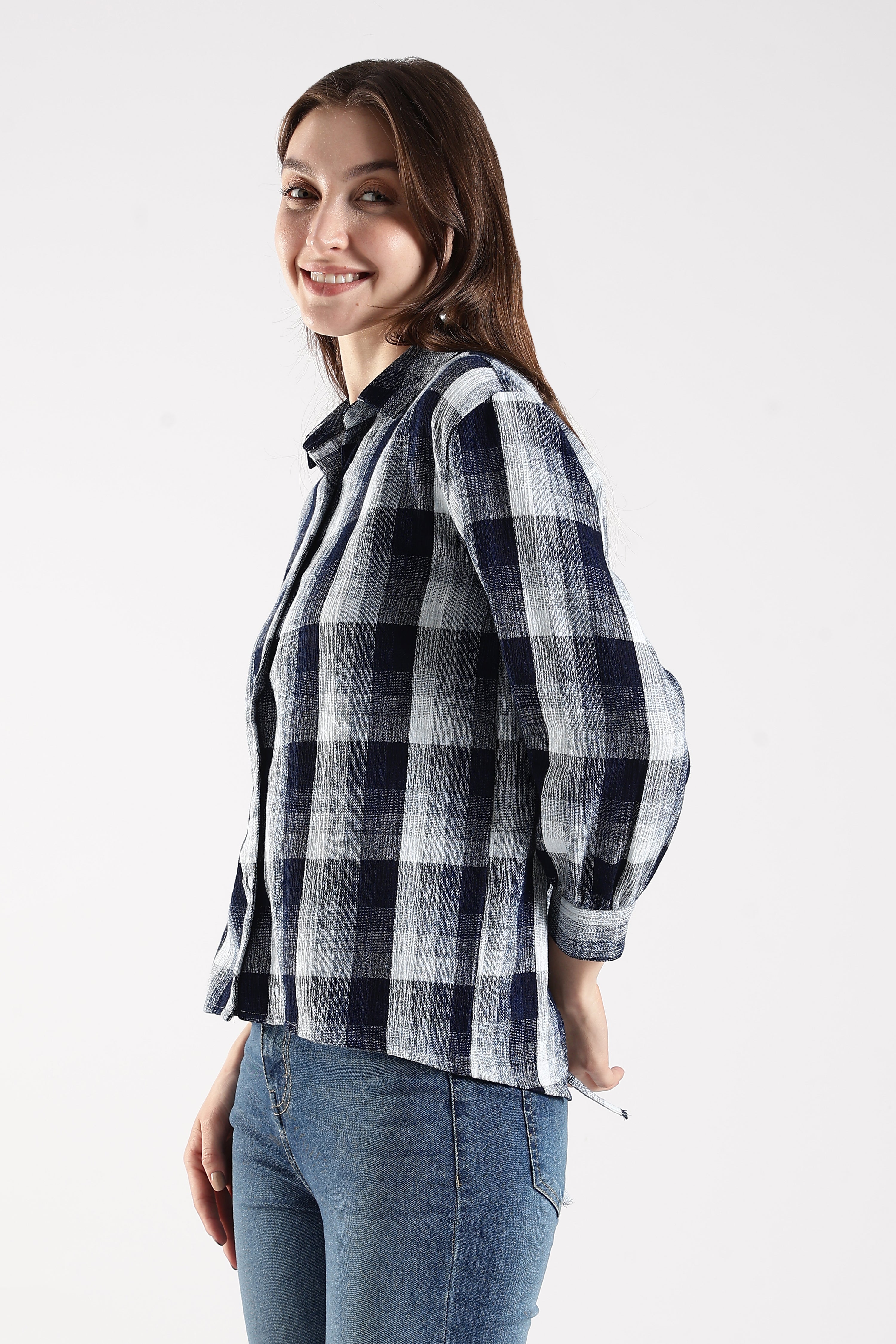 Women Indigo Open-Back Check Shirt