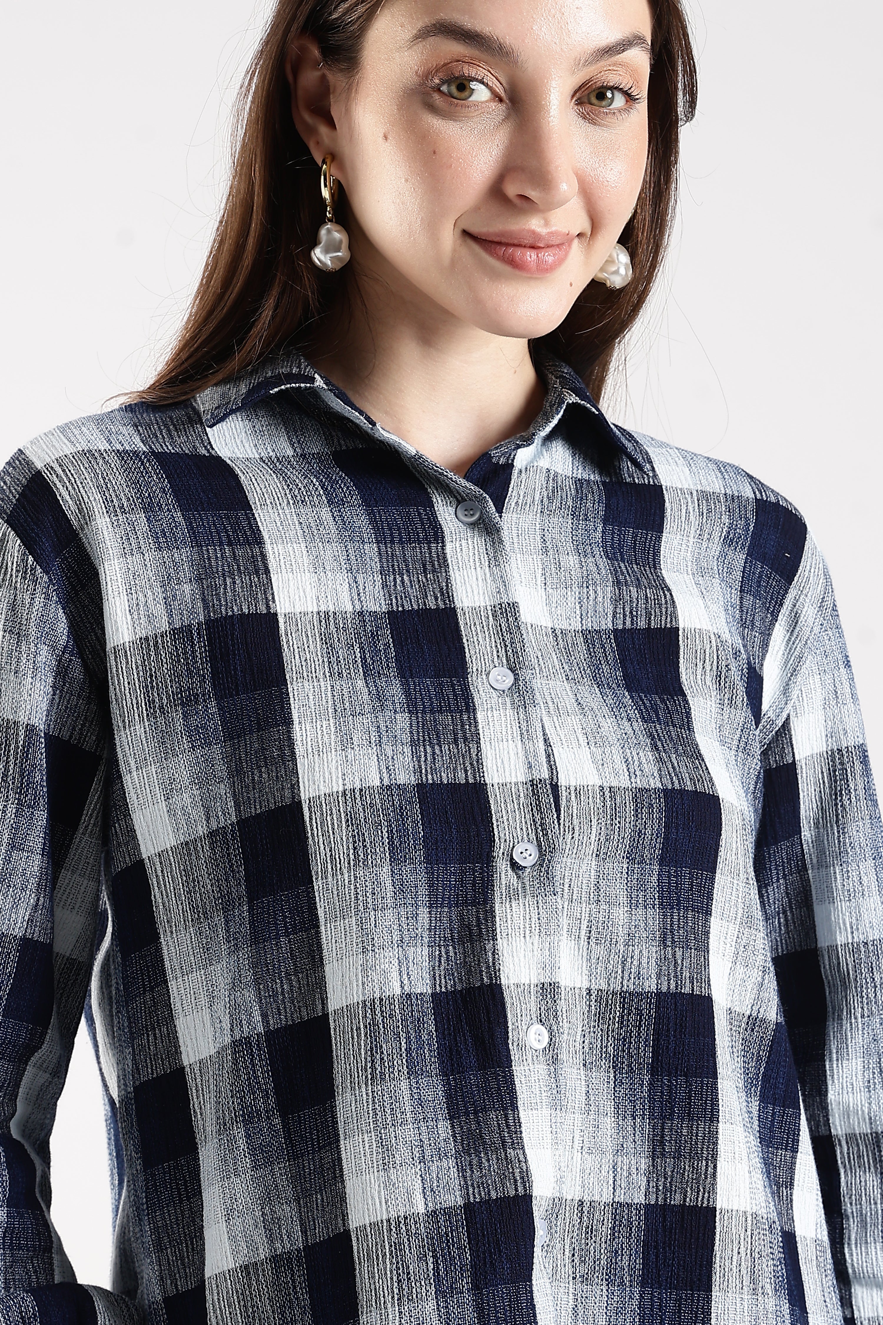 Women Indigo Open-Back Check Shirt