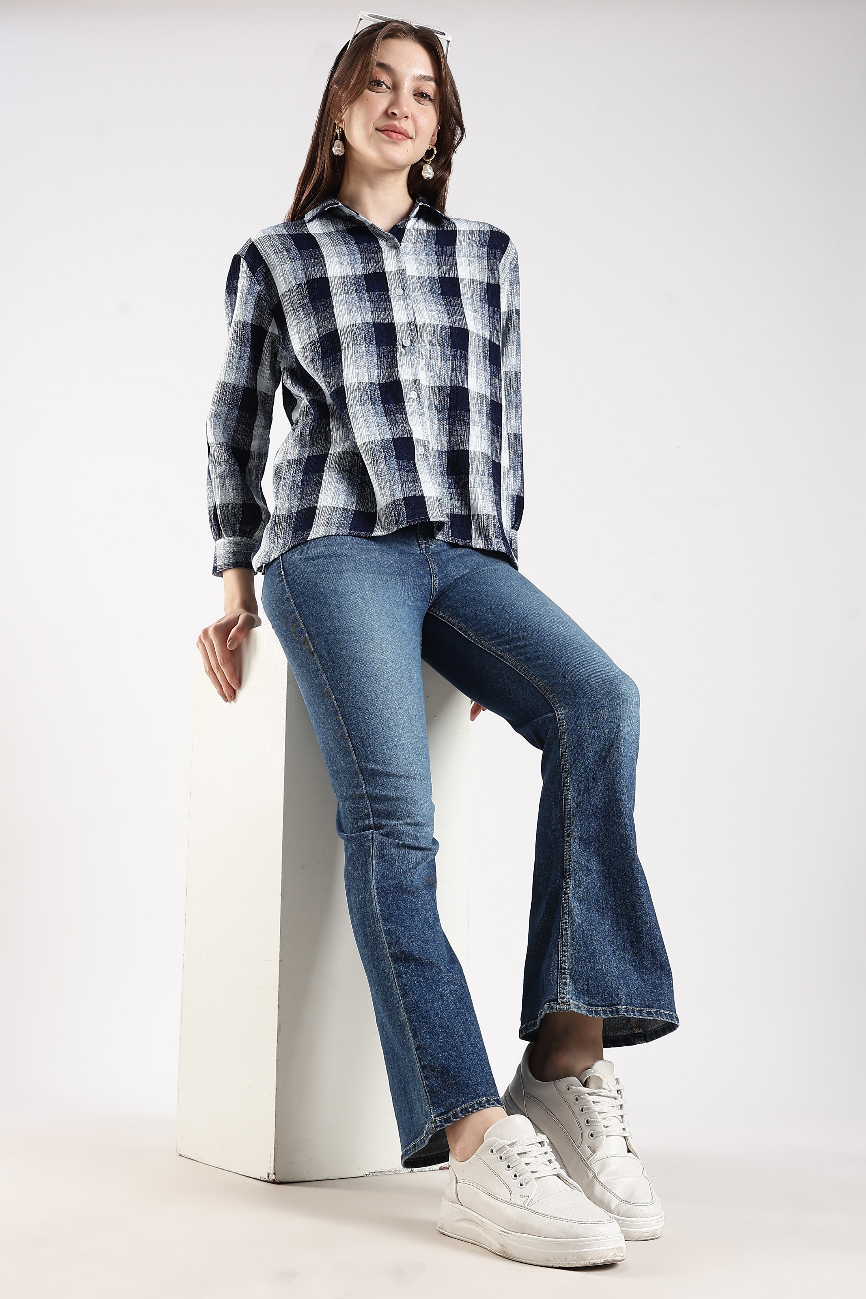 Women Indigo Open-Back Check Shirt
