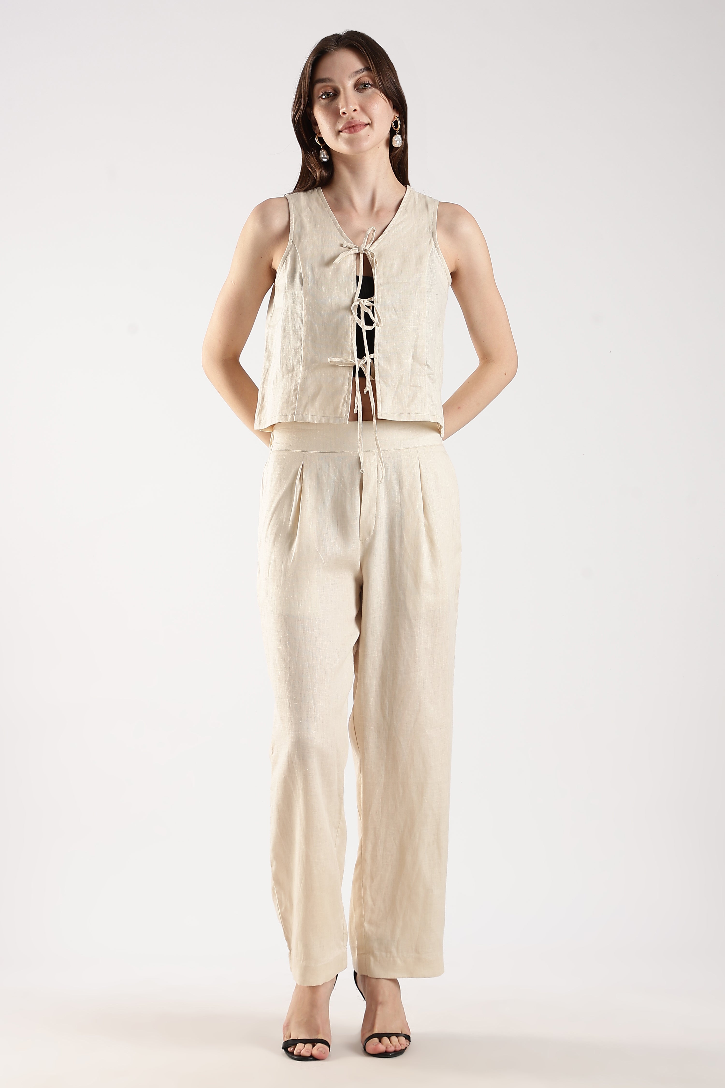 Women Beige Pure Linen Sleeveless Top With Front Tie-Ups