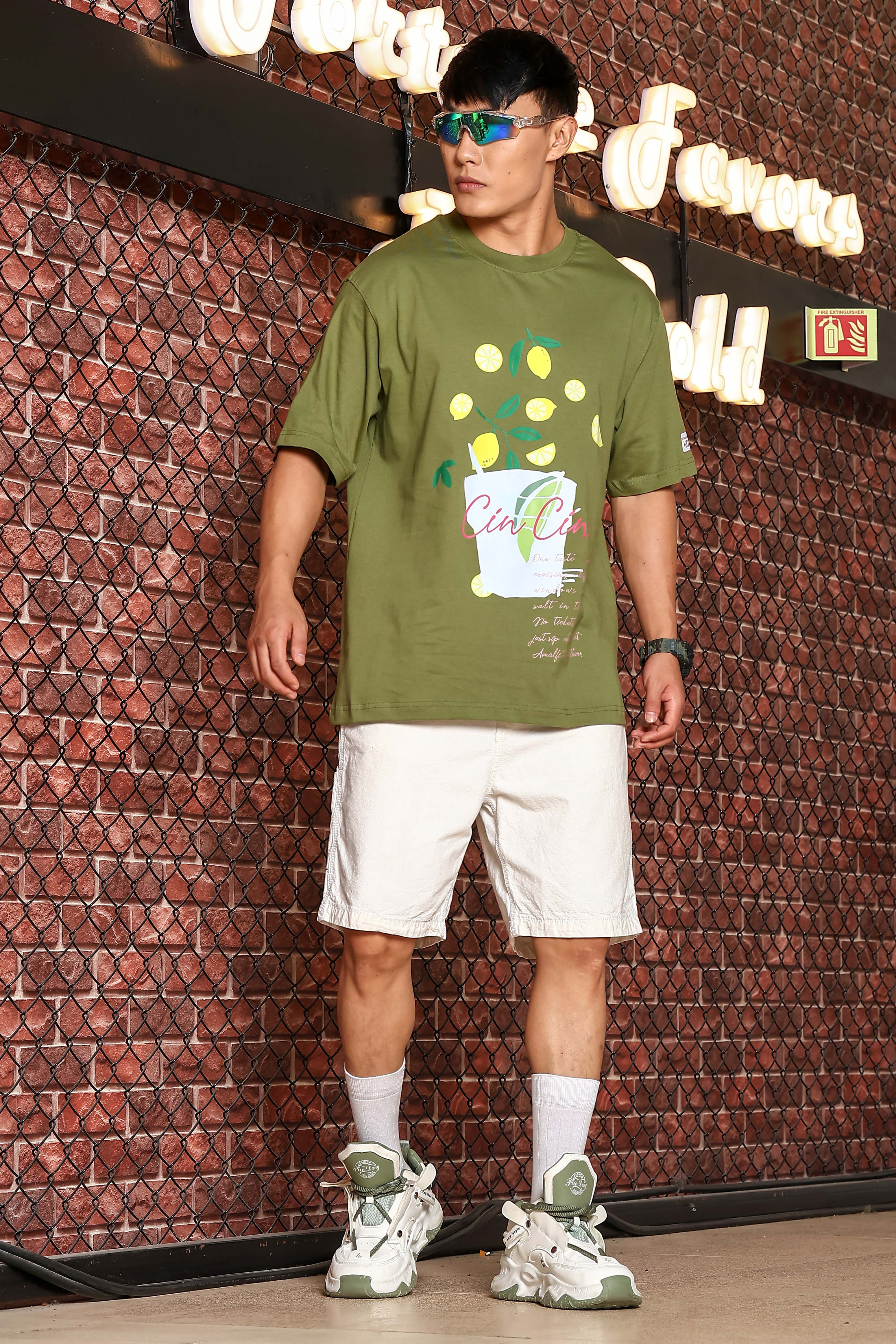 Unisex Olive Oversized Print T-shirt