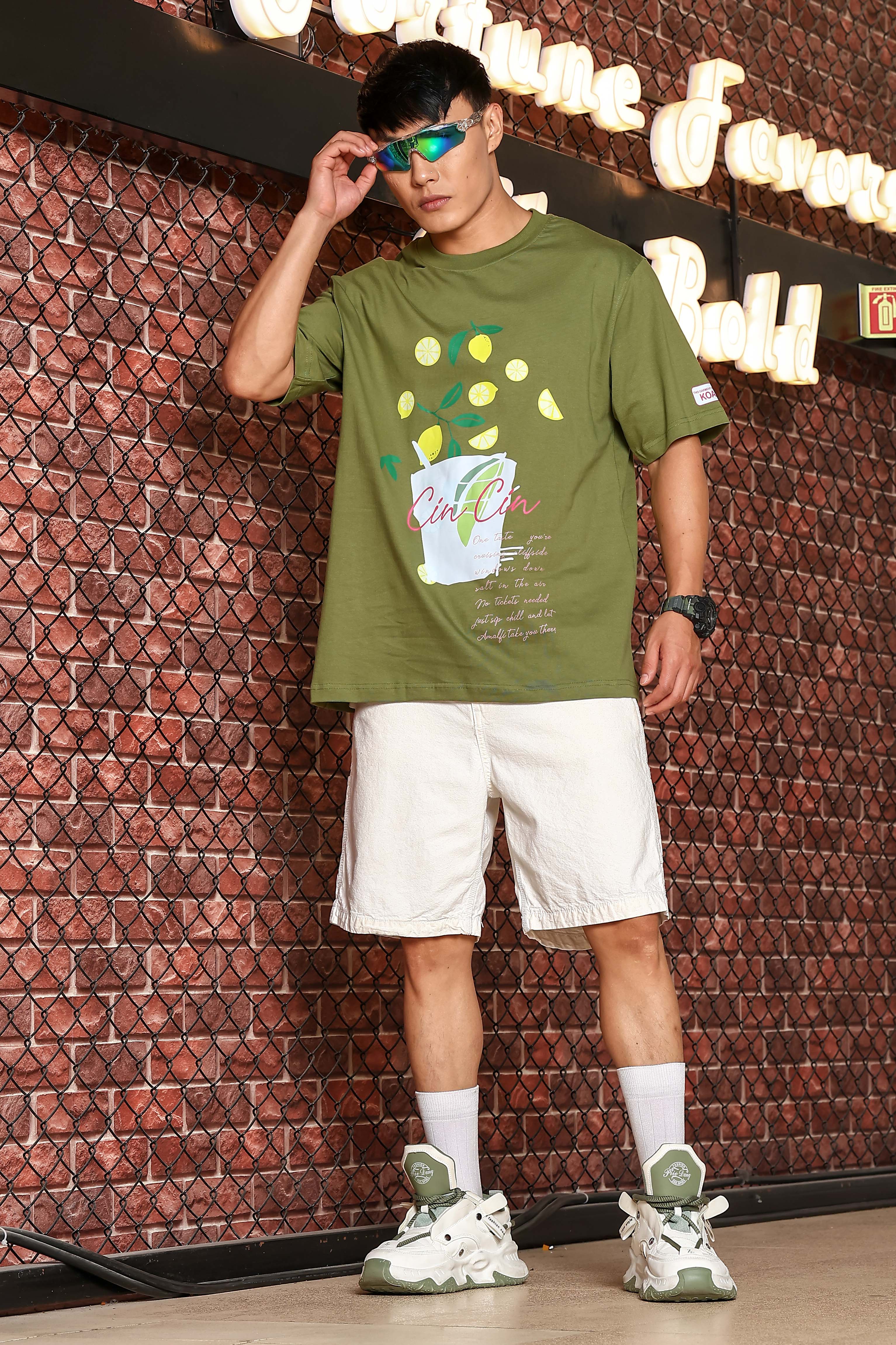 Unisex Olive Oversized Print T-shirt