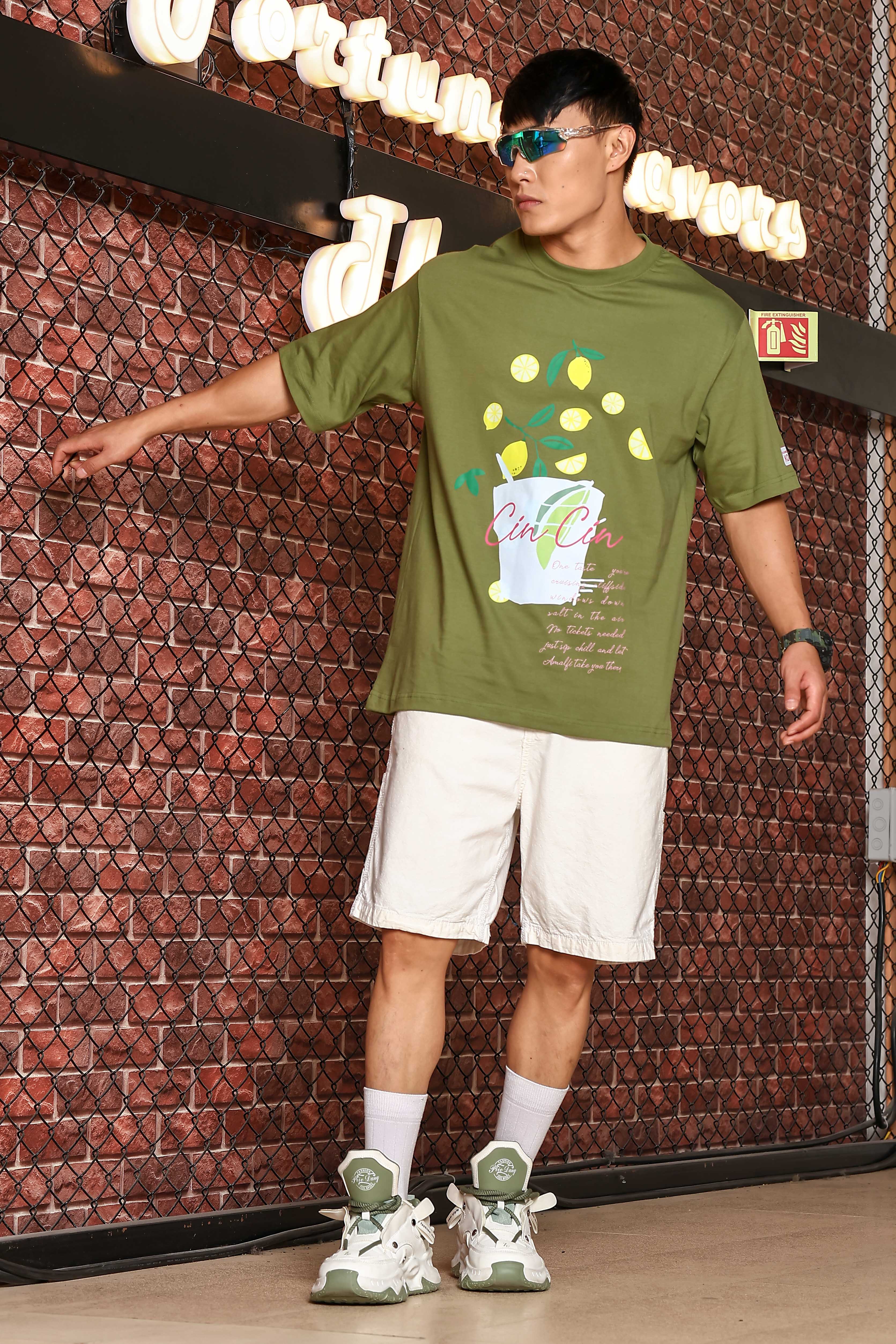 Unisex Olive Oversized Print T-shirt