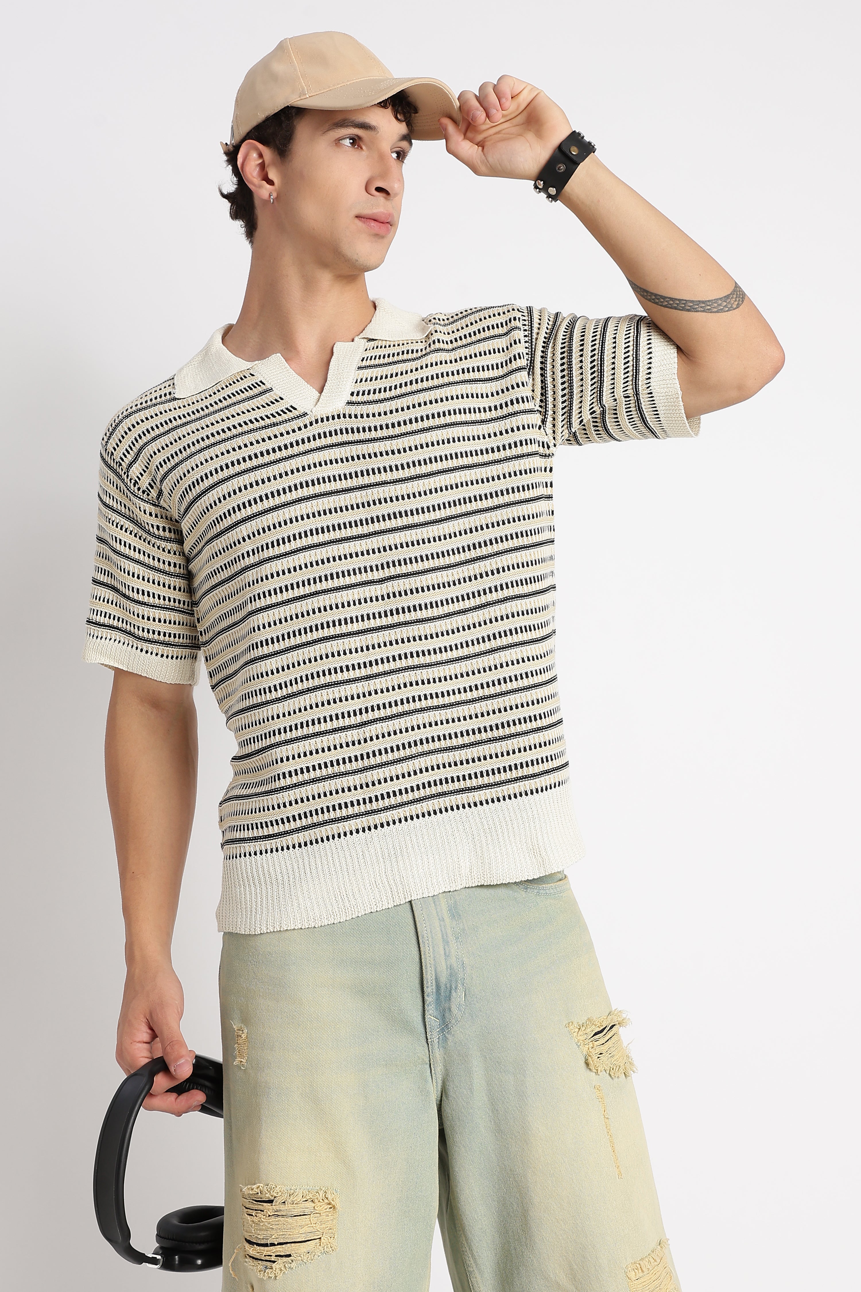 Men Stylish Striped Knit T-Shirt