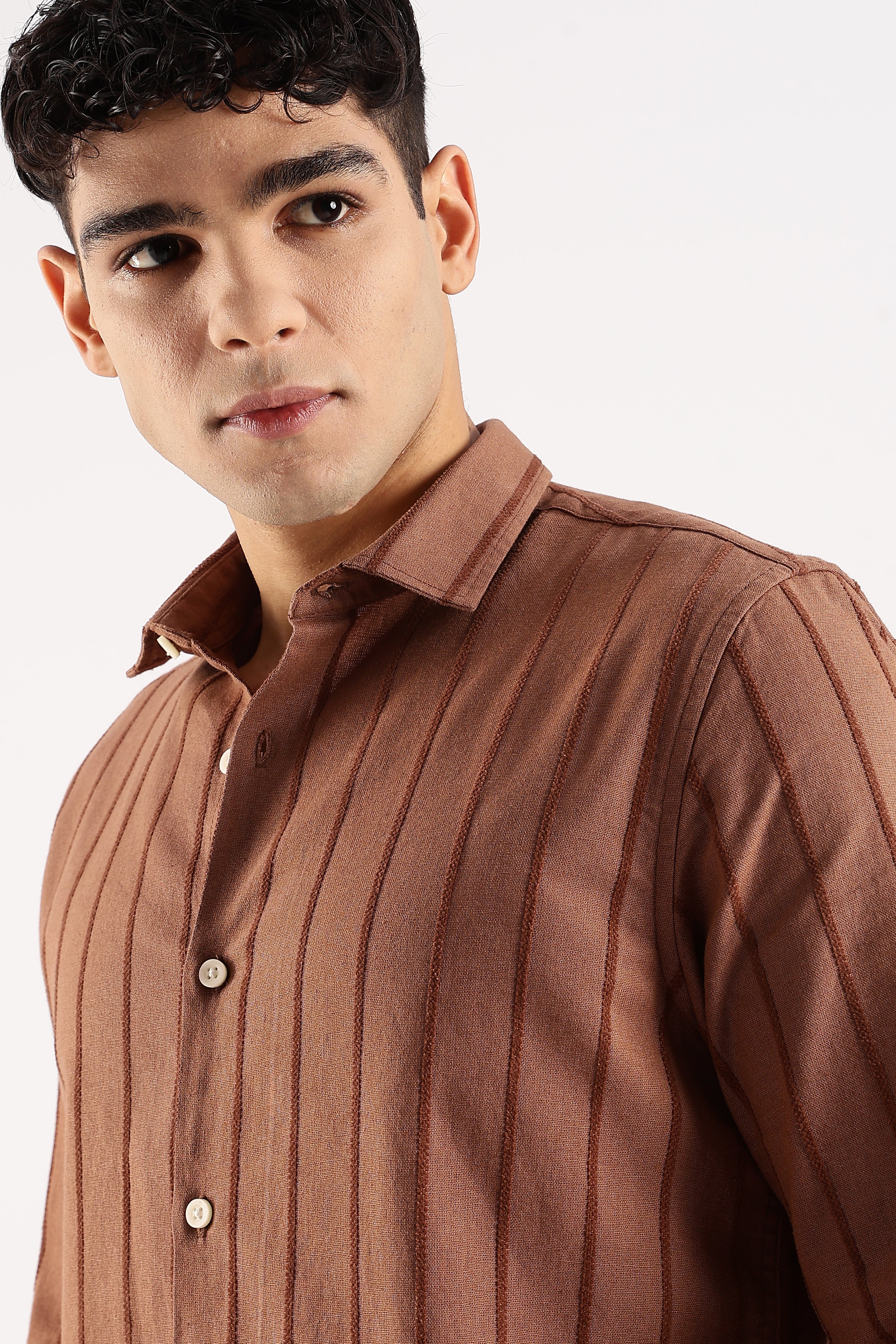 Men Brown Cotton Self-Striped Shirt