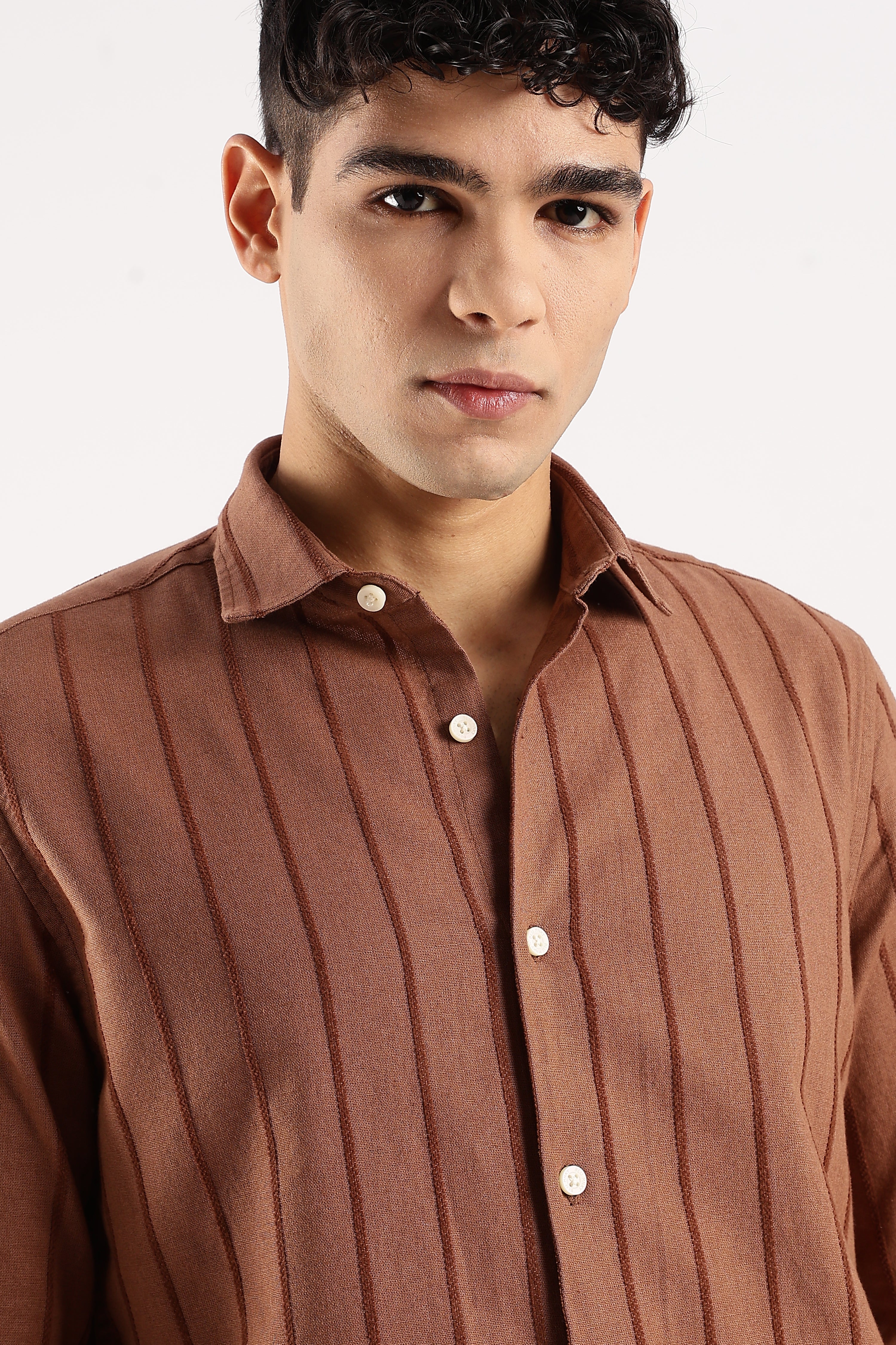 Men Brown Cotton Self-Striped Shirt