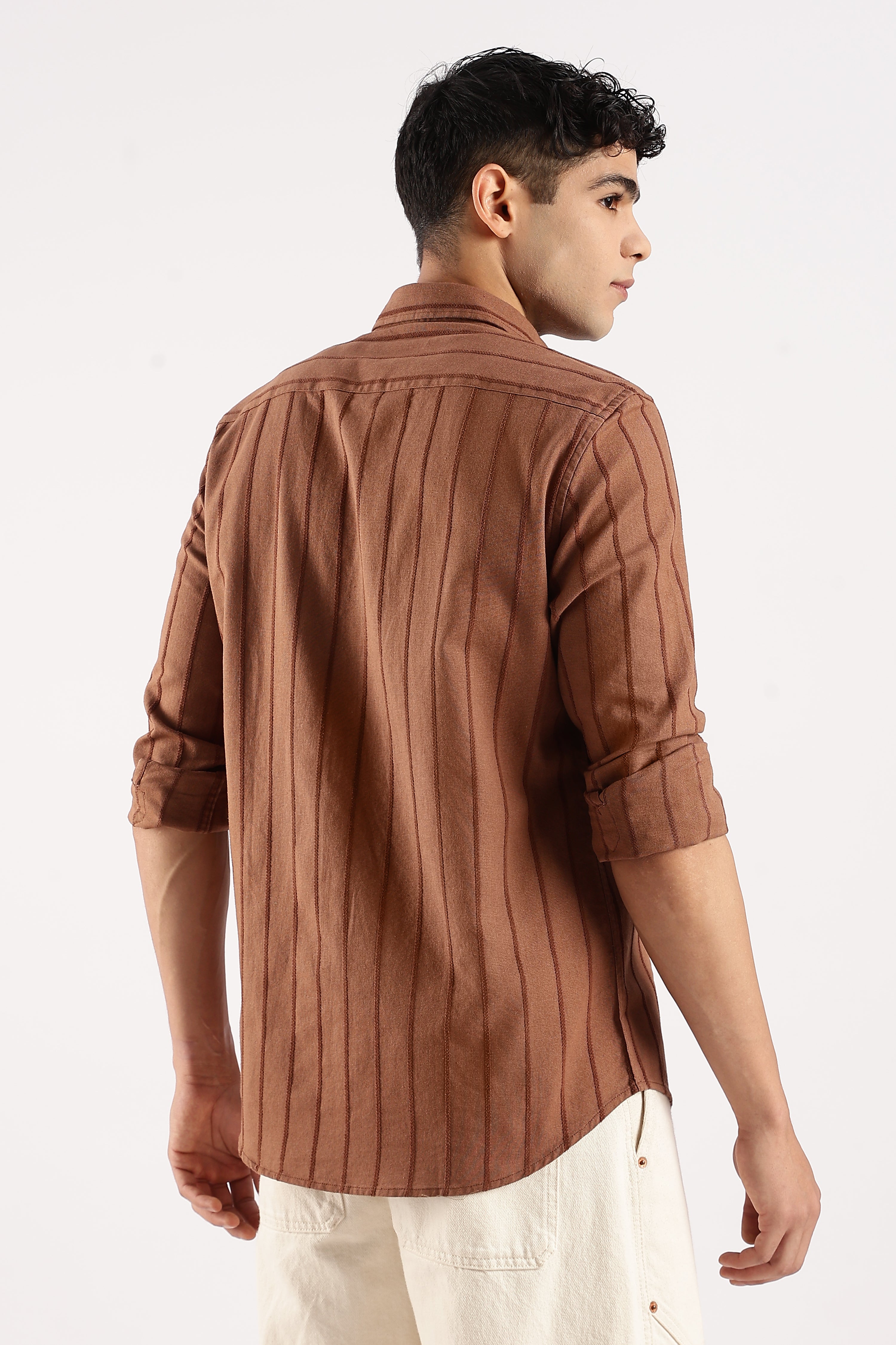 Men Brown Cotton Self-Striped Shirt