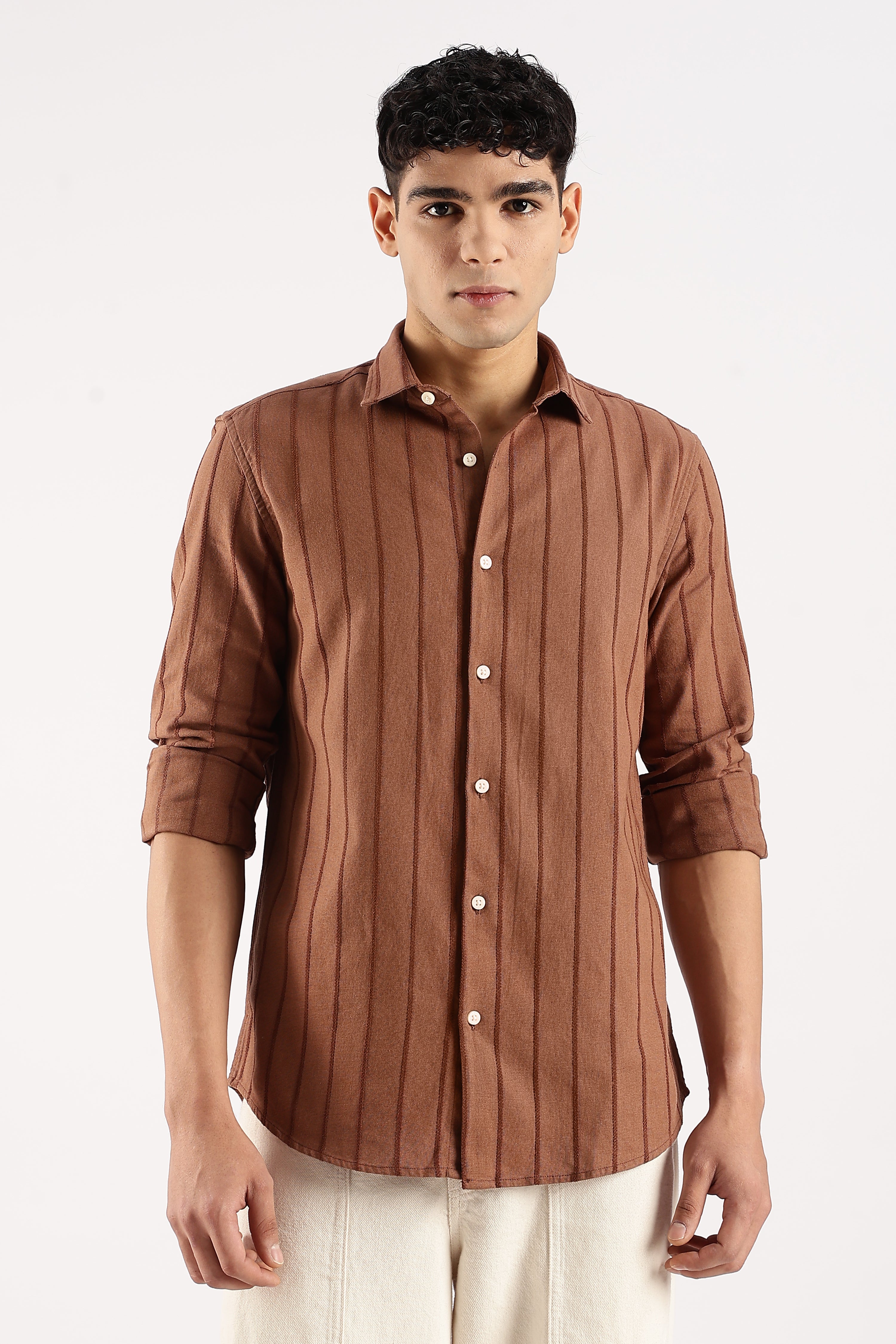 Men Brown Cotton Self-Striped Shirt
