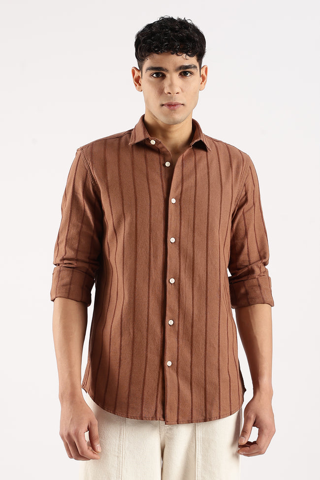 Men Brown Cotton Self-Striped Shirt
