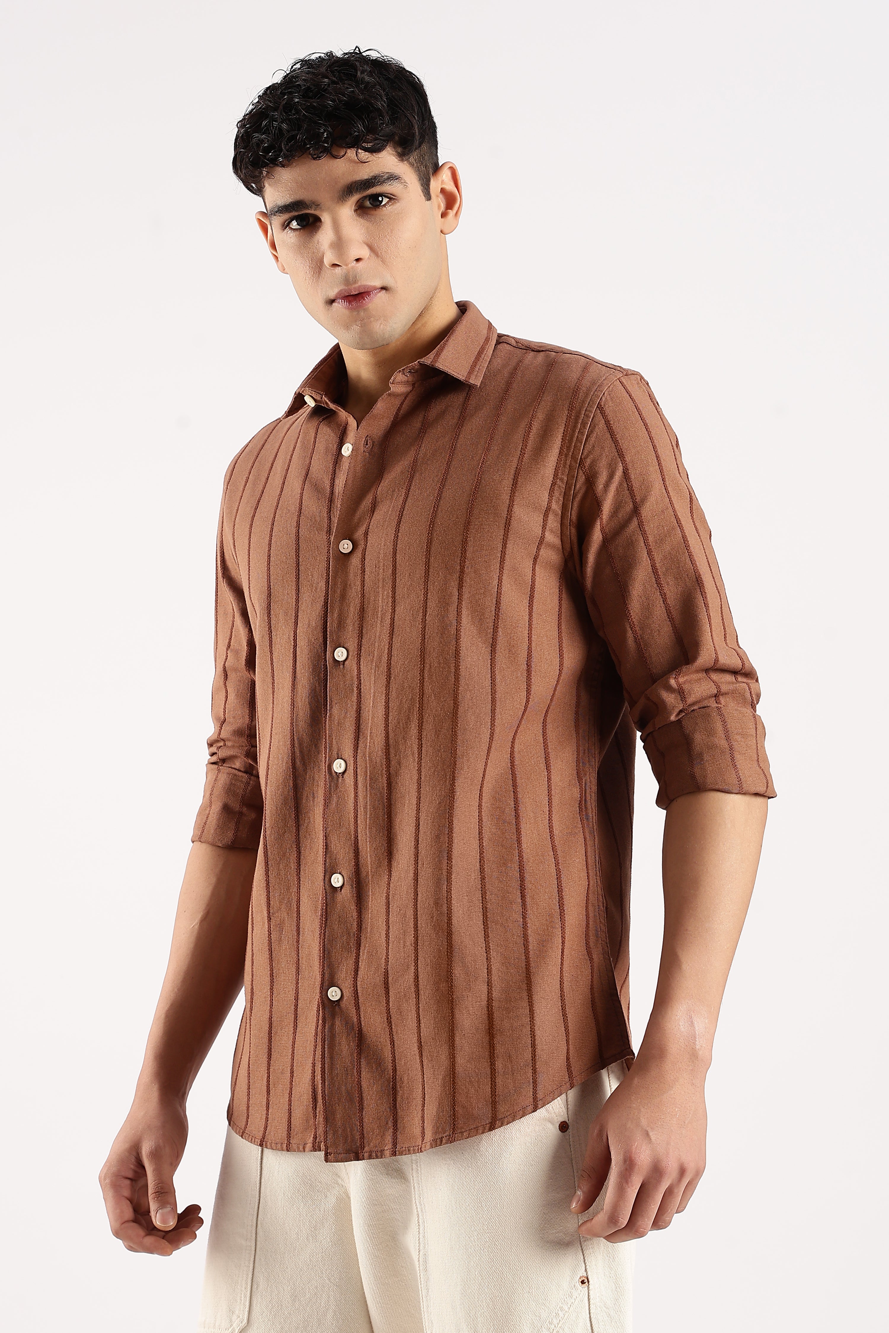 Men Brown Cotton Self-Striped Shirt