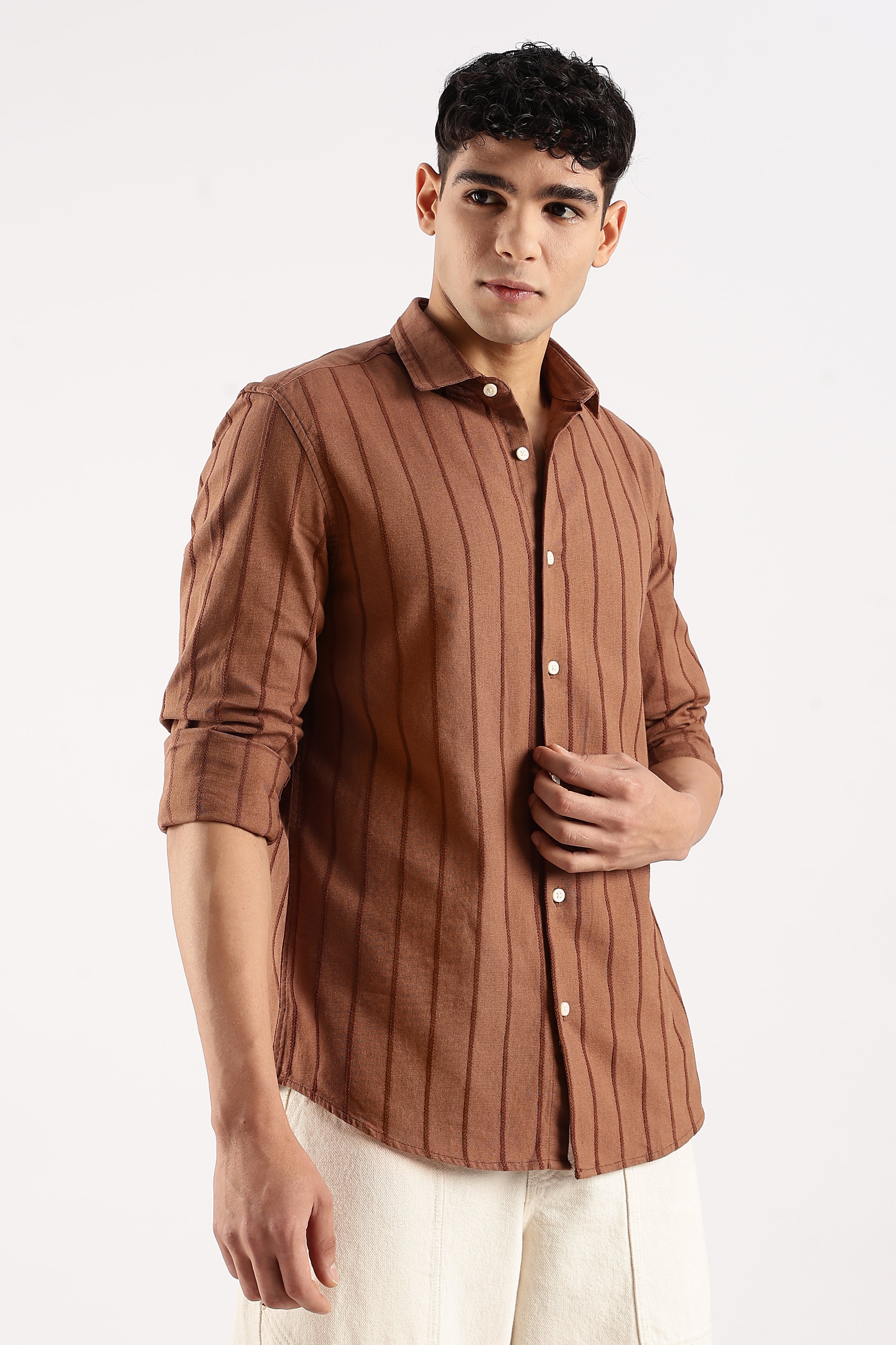 Men Brown Cotton Self-Striped Shirt
