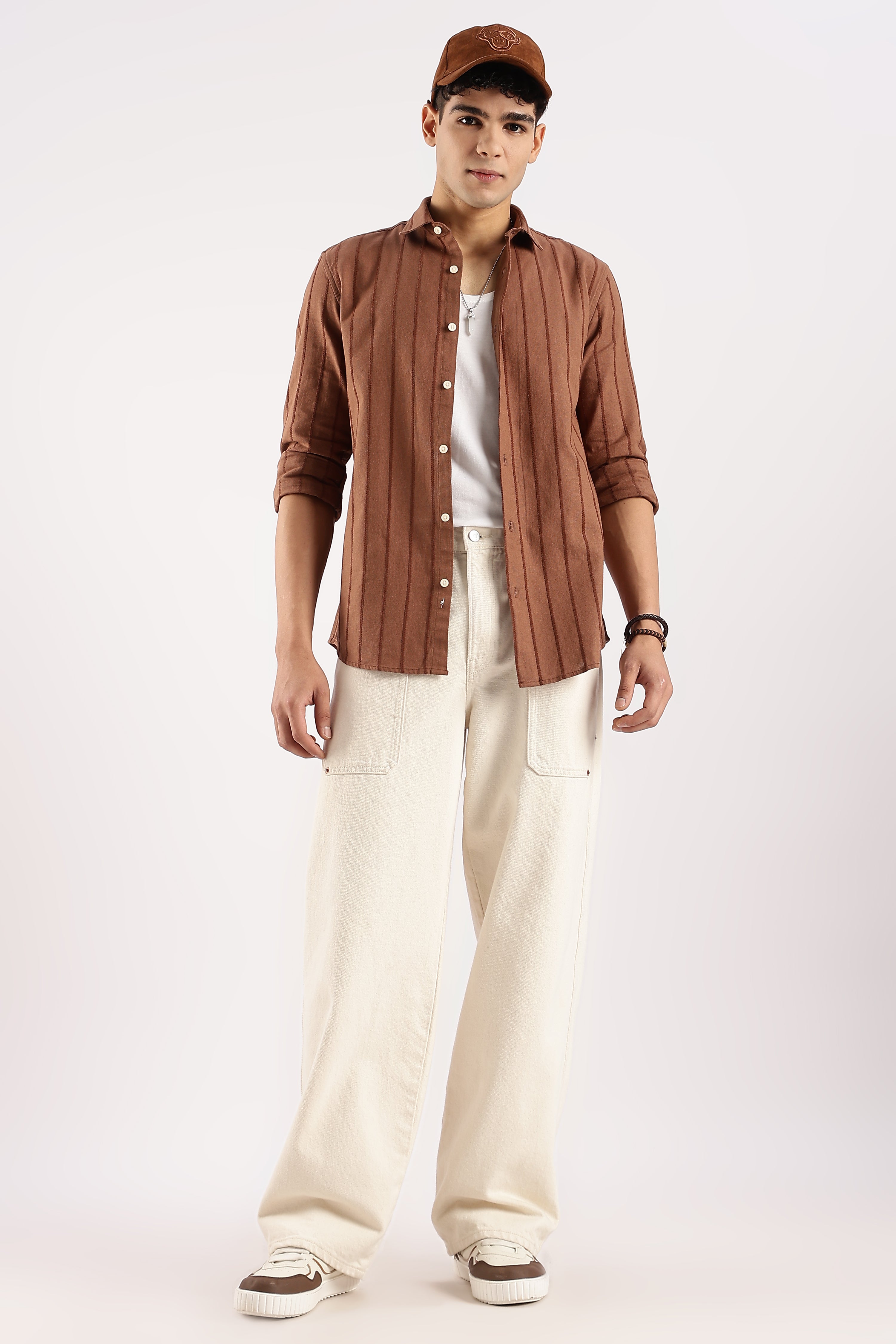 Men Brown Cotton Self-Striped Shirt