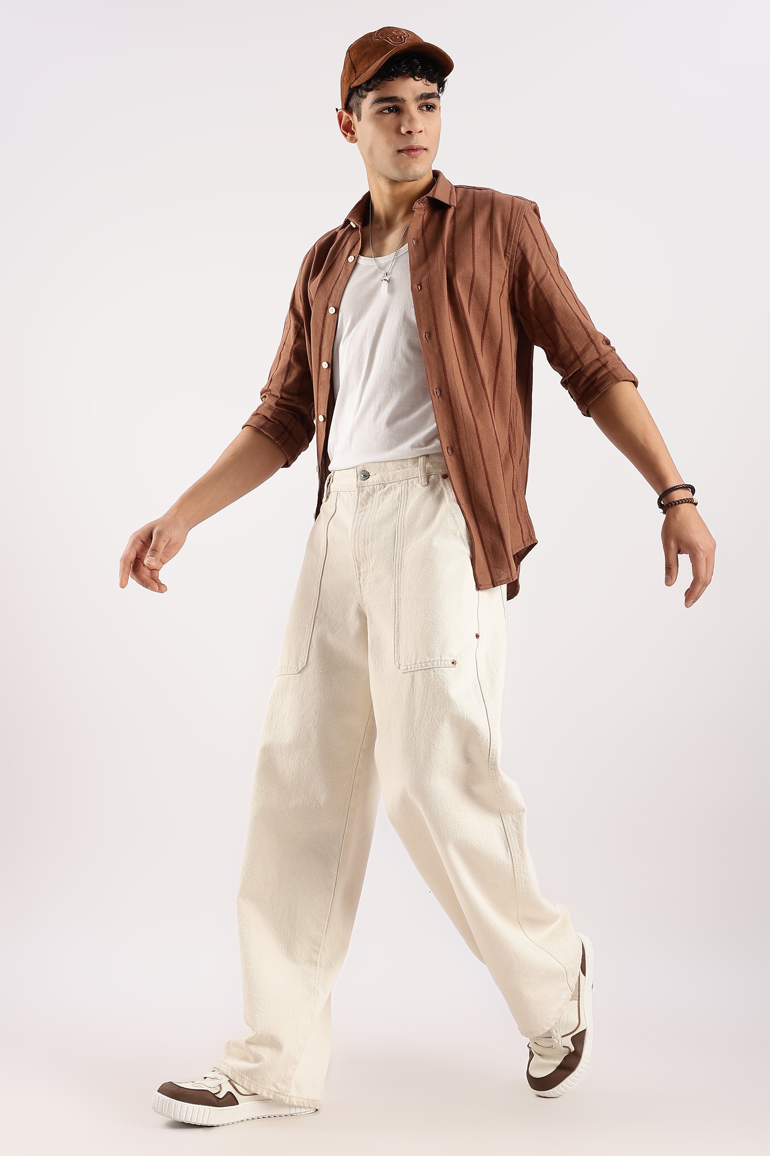 Men Brown Cotton Self-Striped Shirt