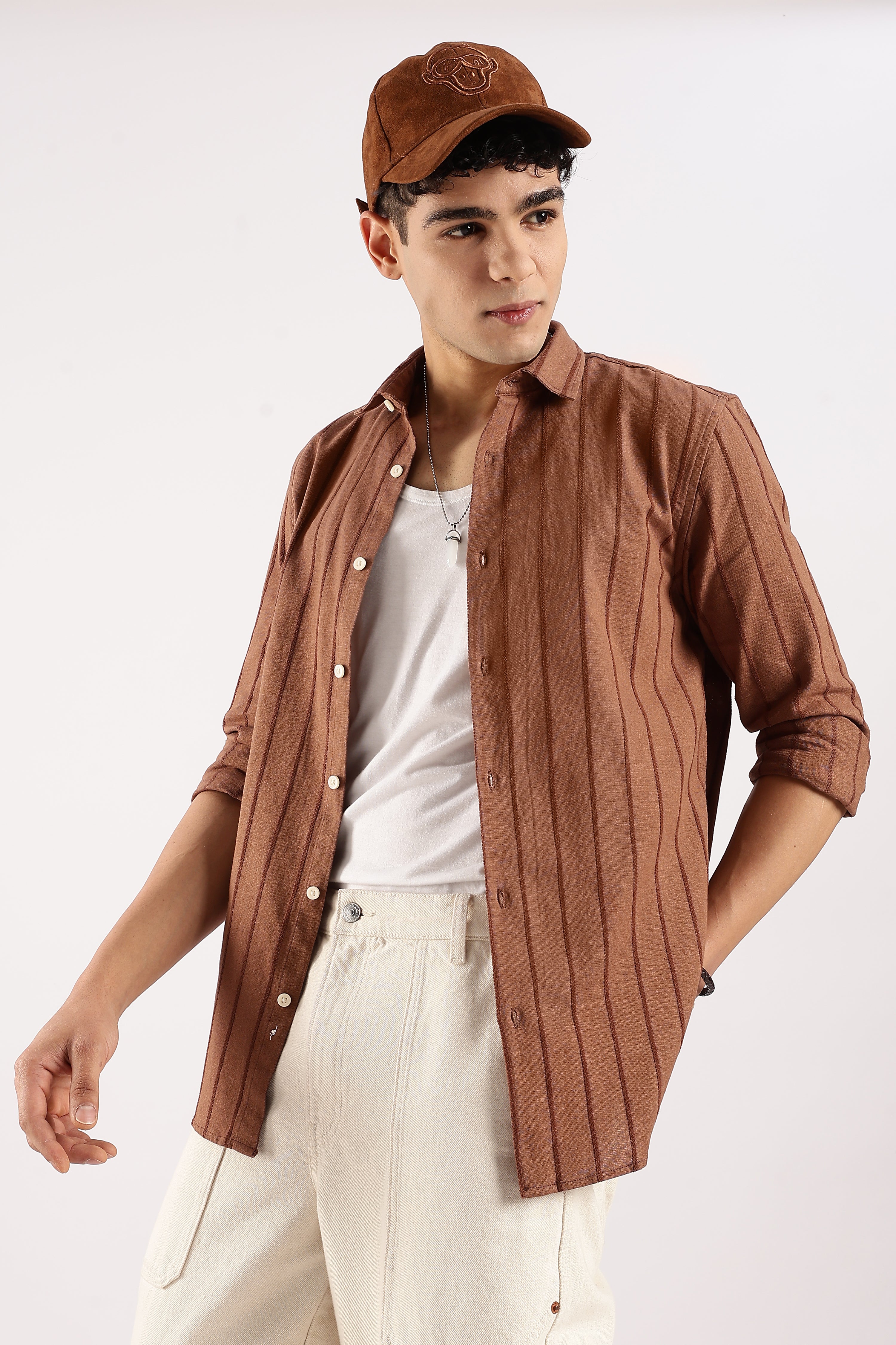 Men Brown Cotton Self-Striped Shirt