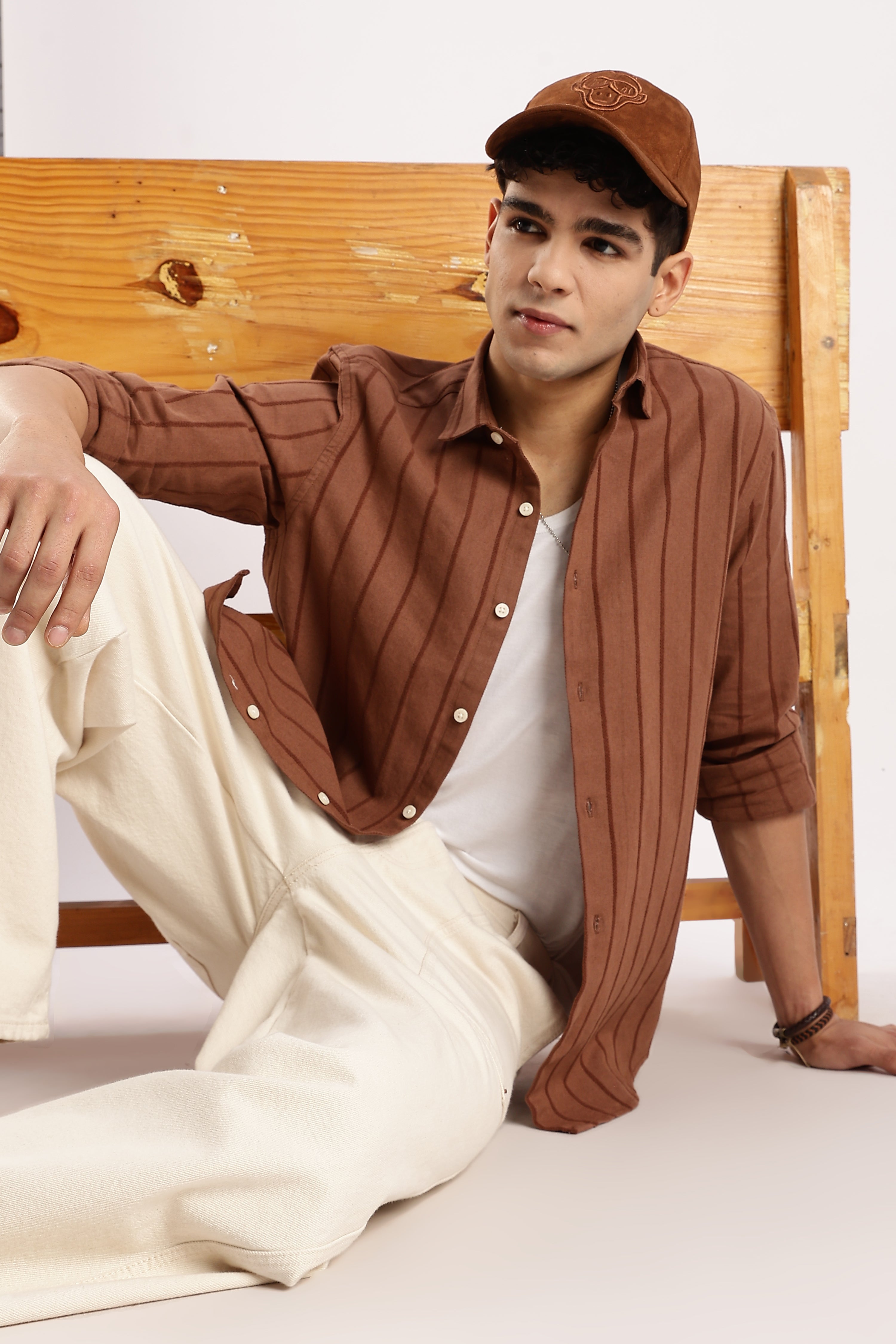 Men Brown Cotton Self-Striped Shirt