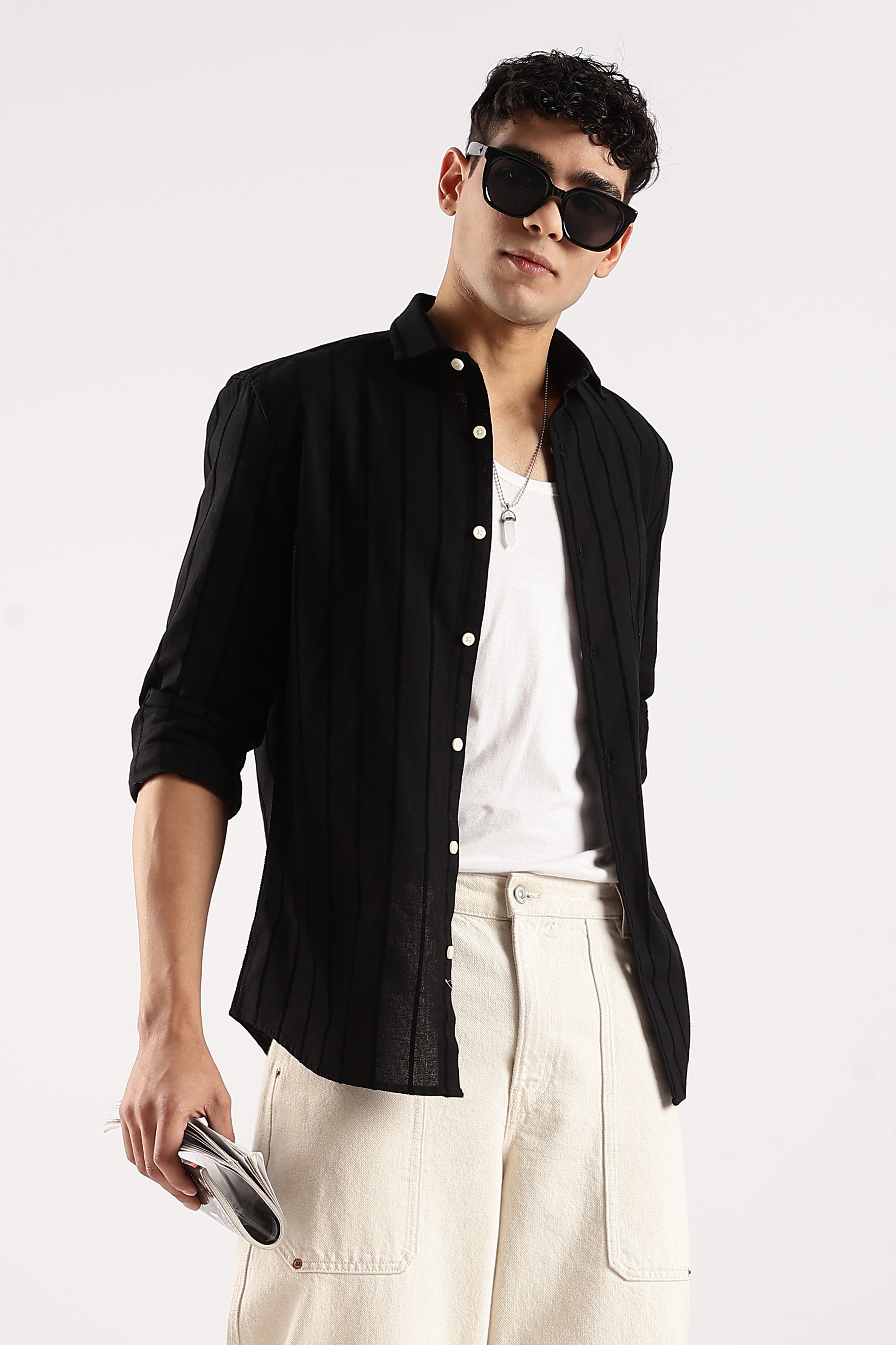 Men Black Cotton Self-Striped Shirt