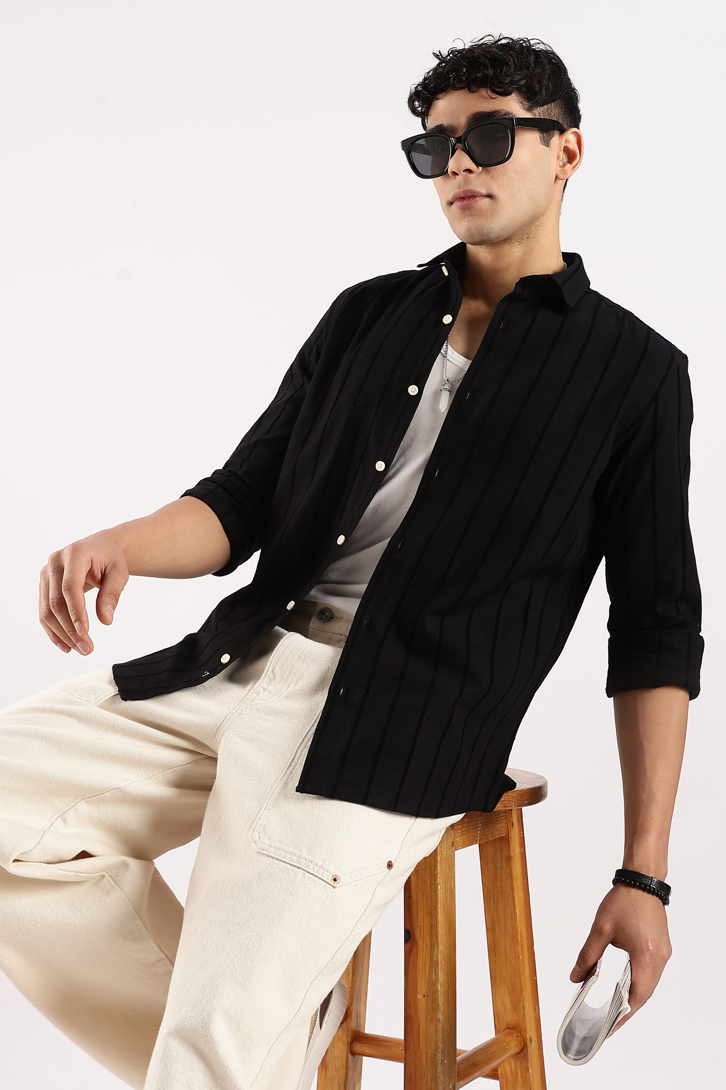 Men Black Cotton Self-Striped Shirt
