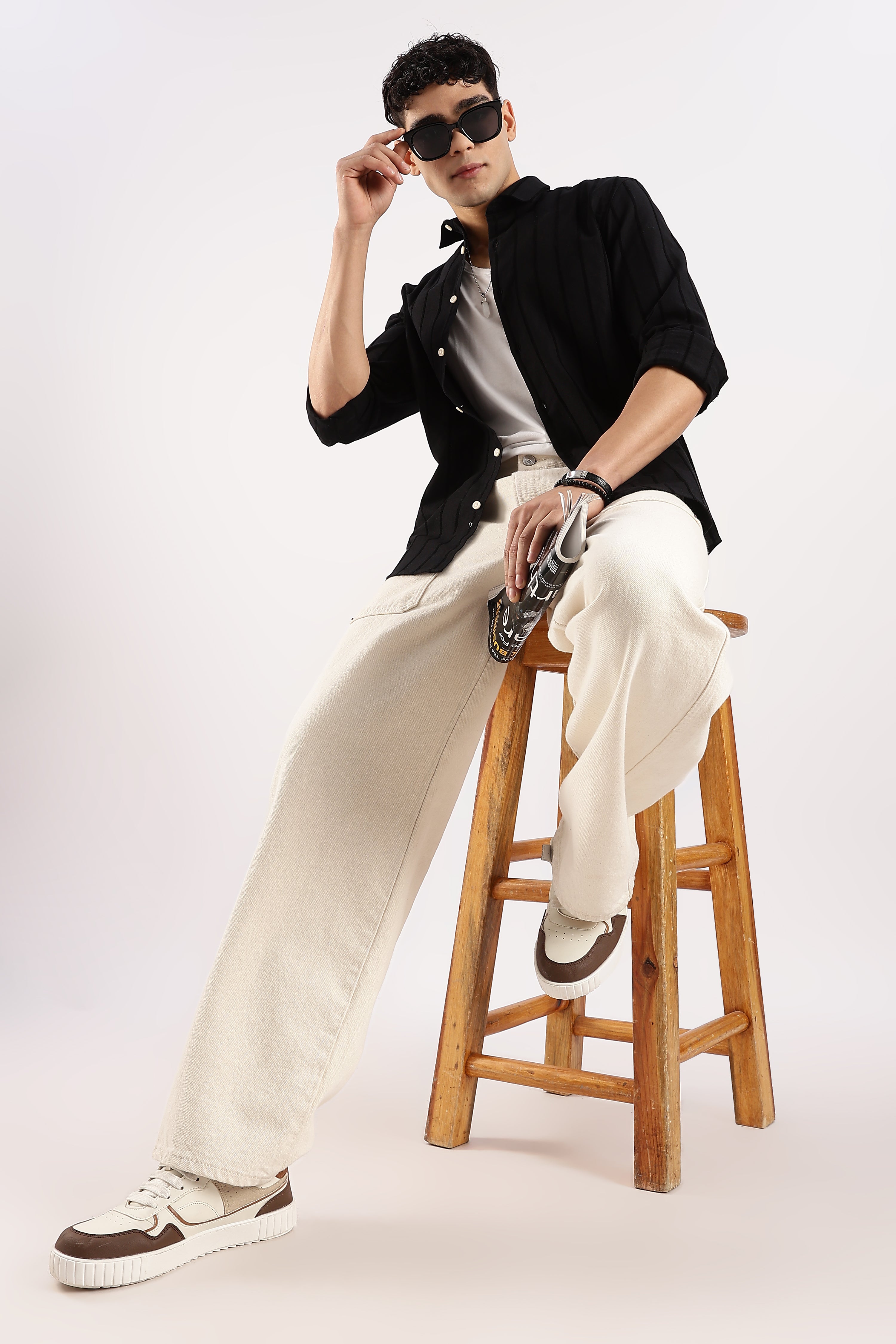 Men Black Cotton Self-Striped Shirt