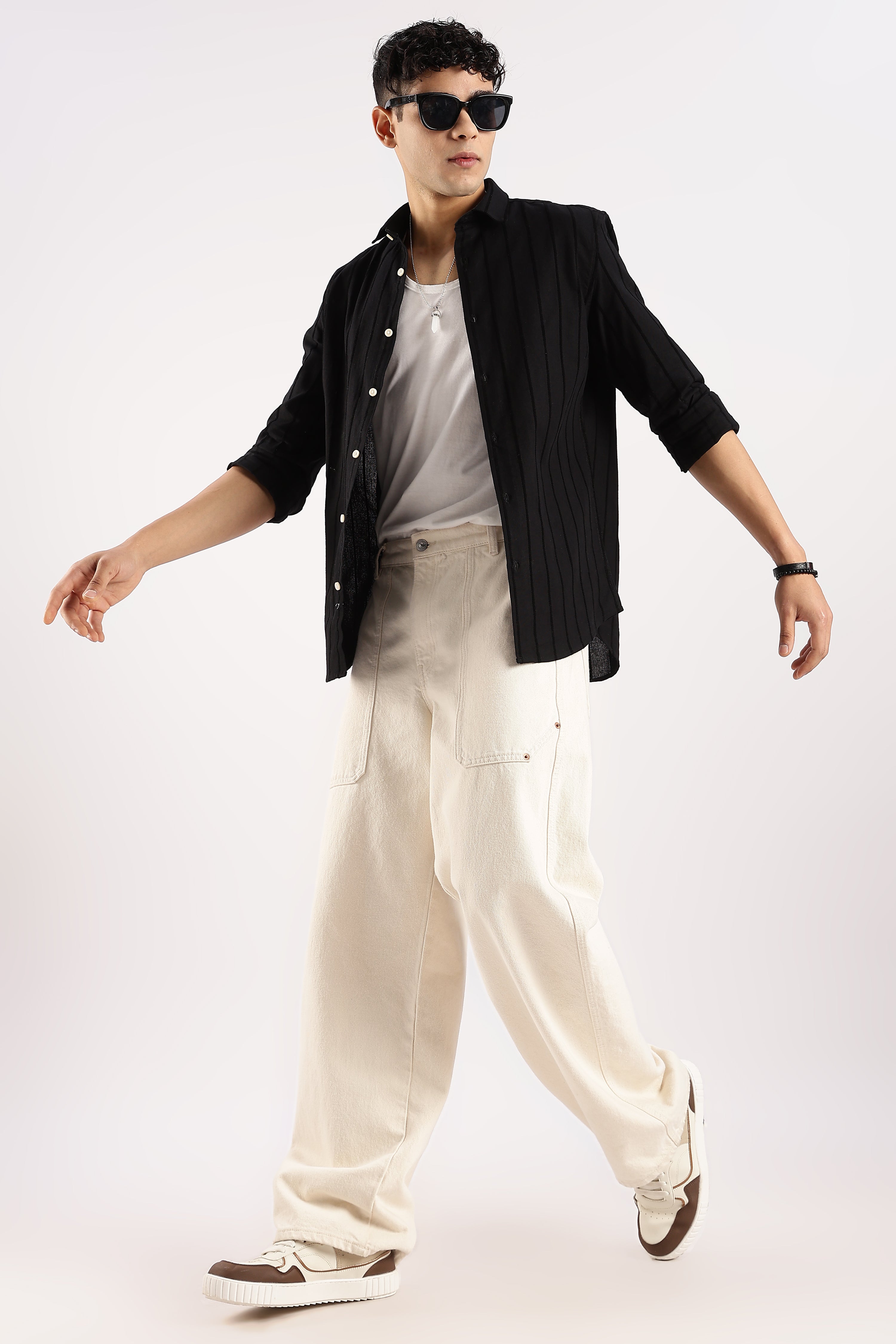 Men Black Cotton Self-Striped Shirt