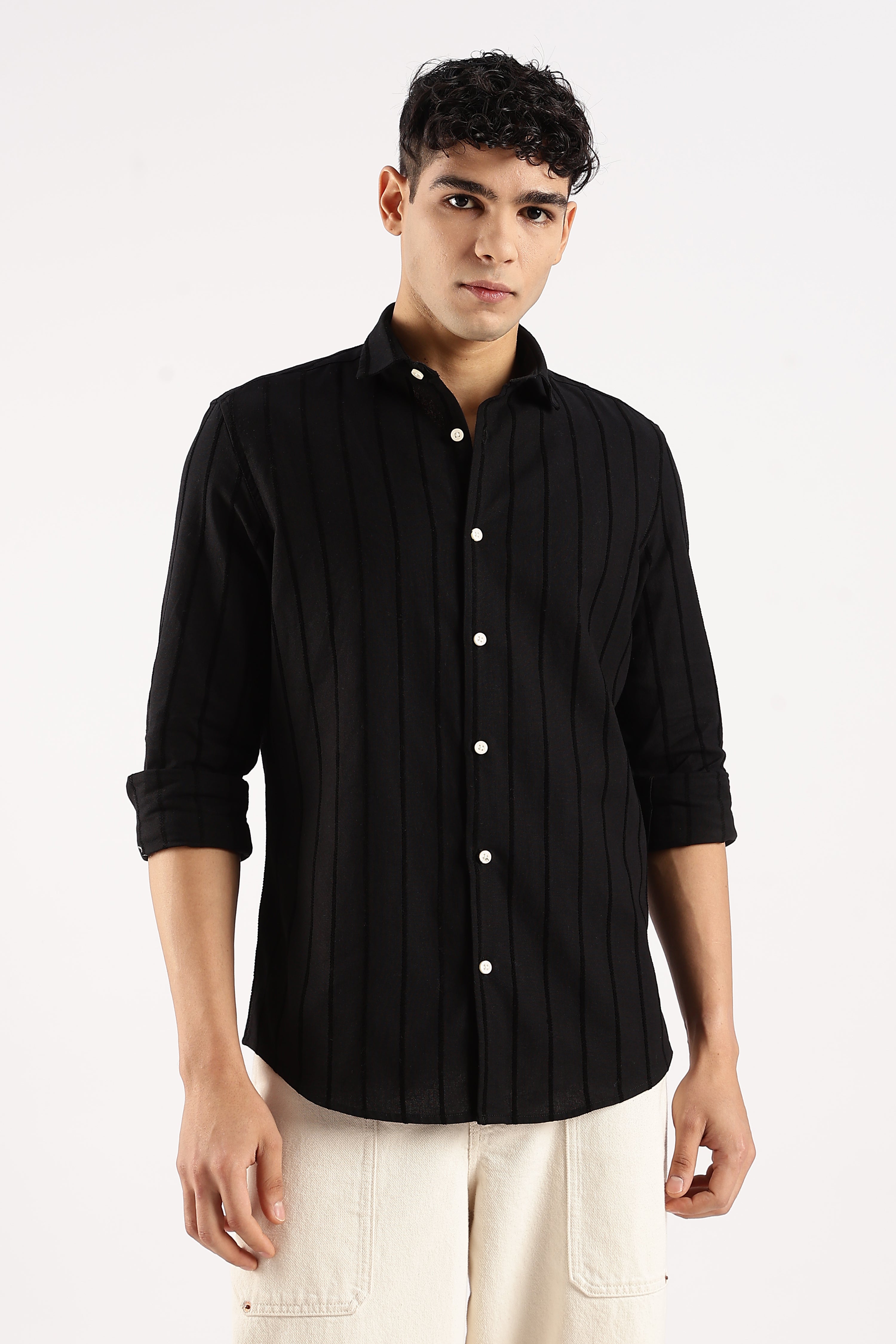 Men Black Cotton Self-Striped Shirt