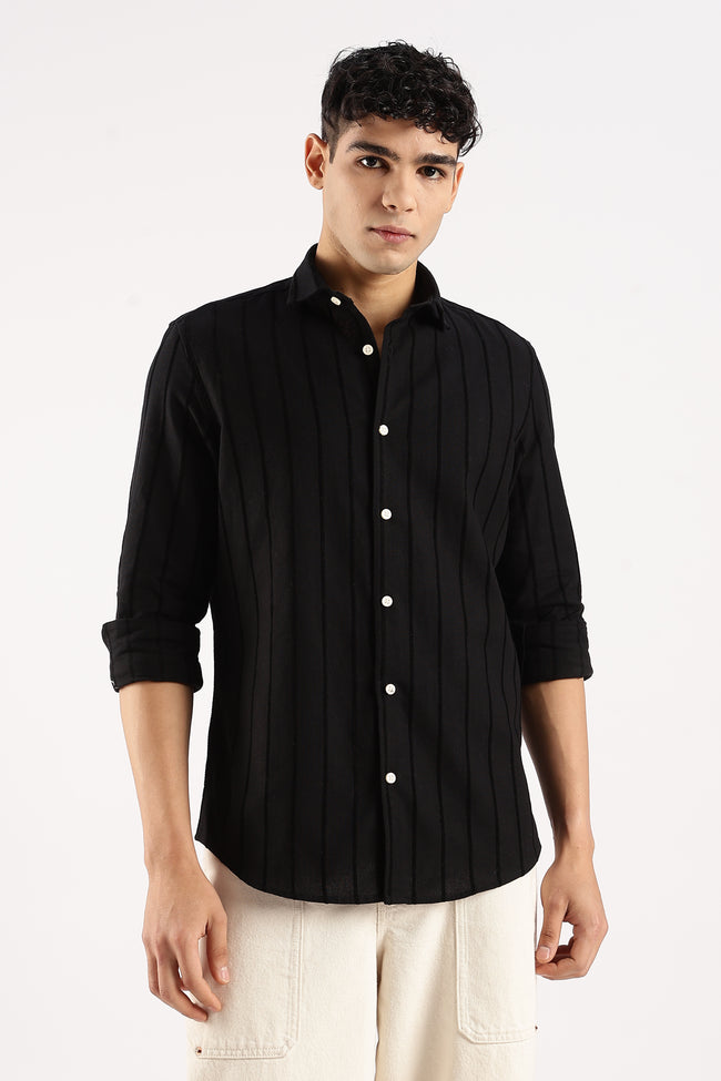 Men Black Cotton Self-Striped Shirt