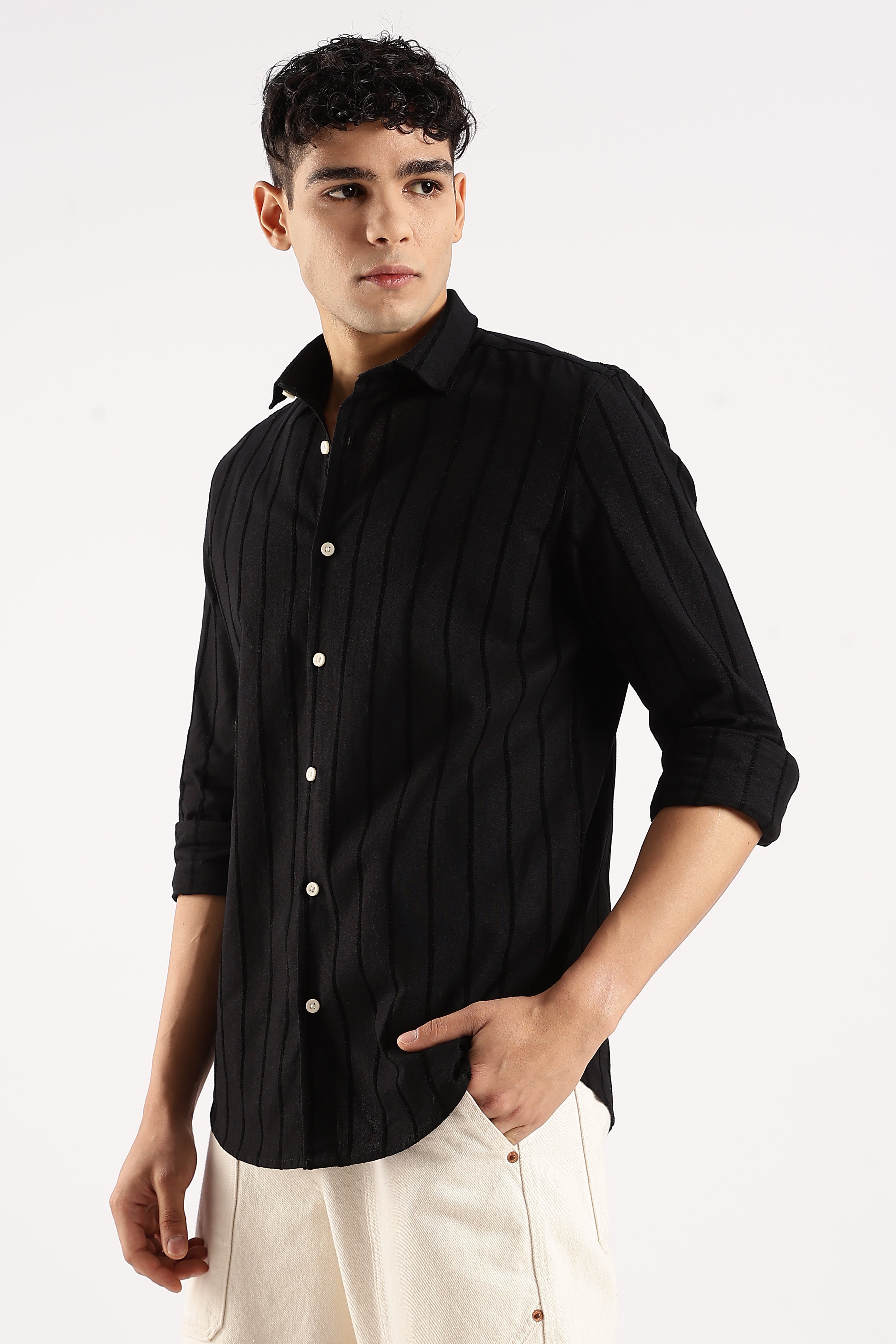 Men Black Cotton Self-Striped Shirt