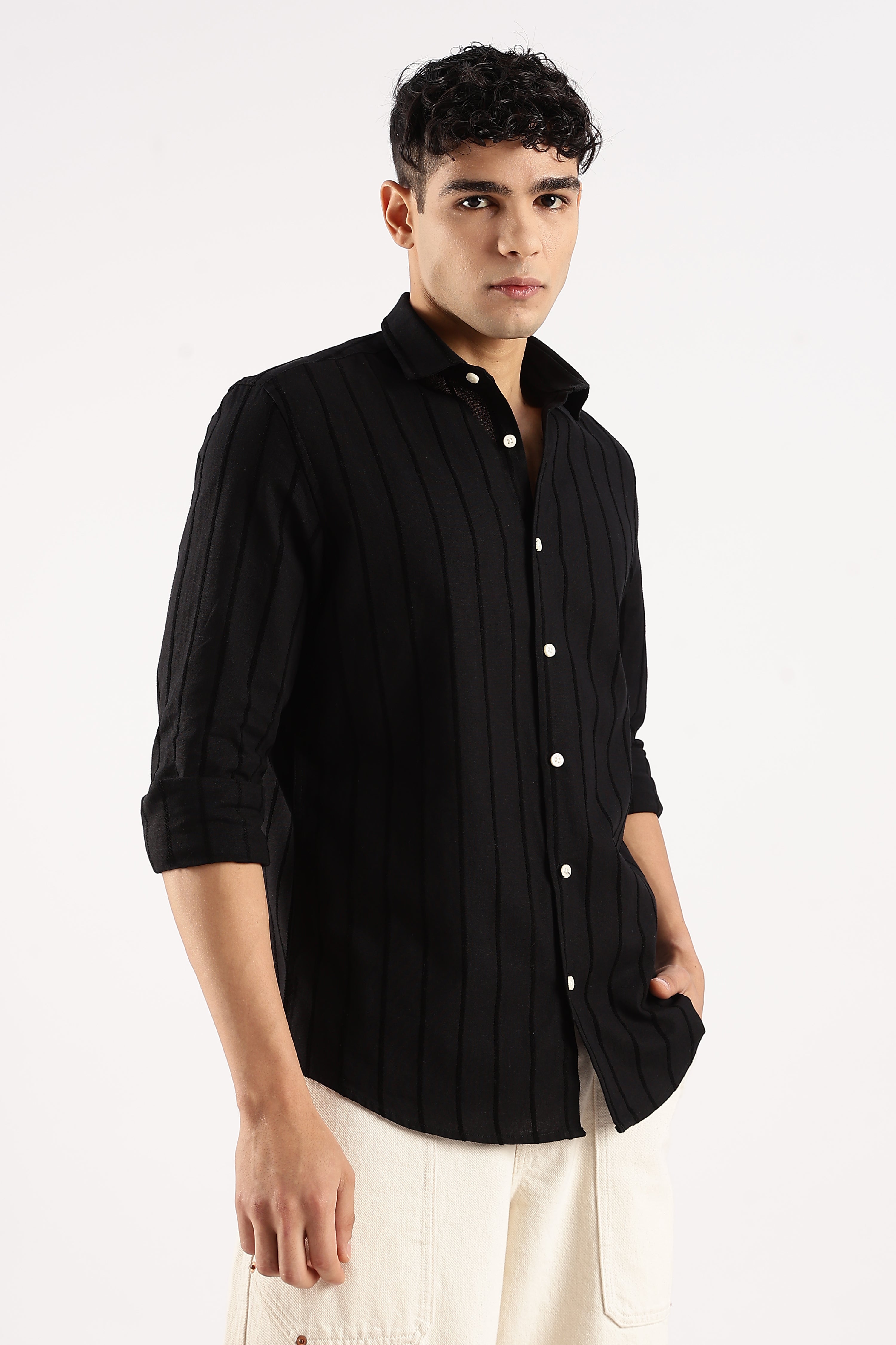 Men Black Cotton Self-Striped Shirt