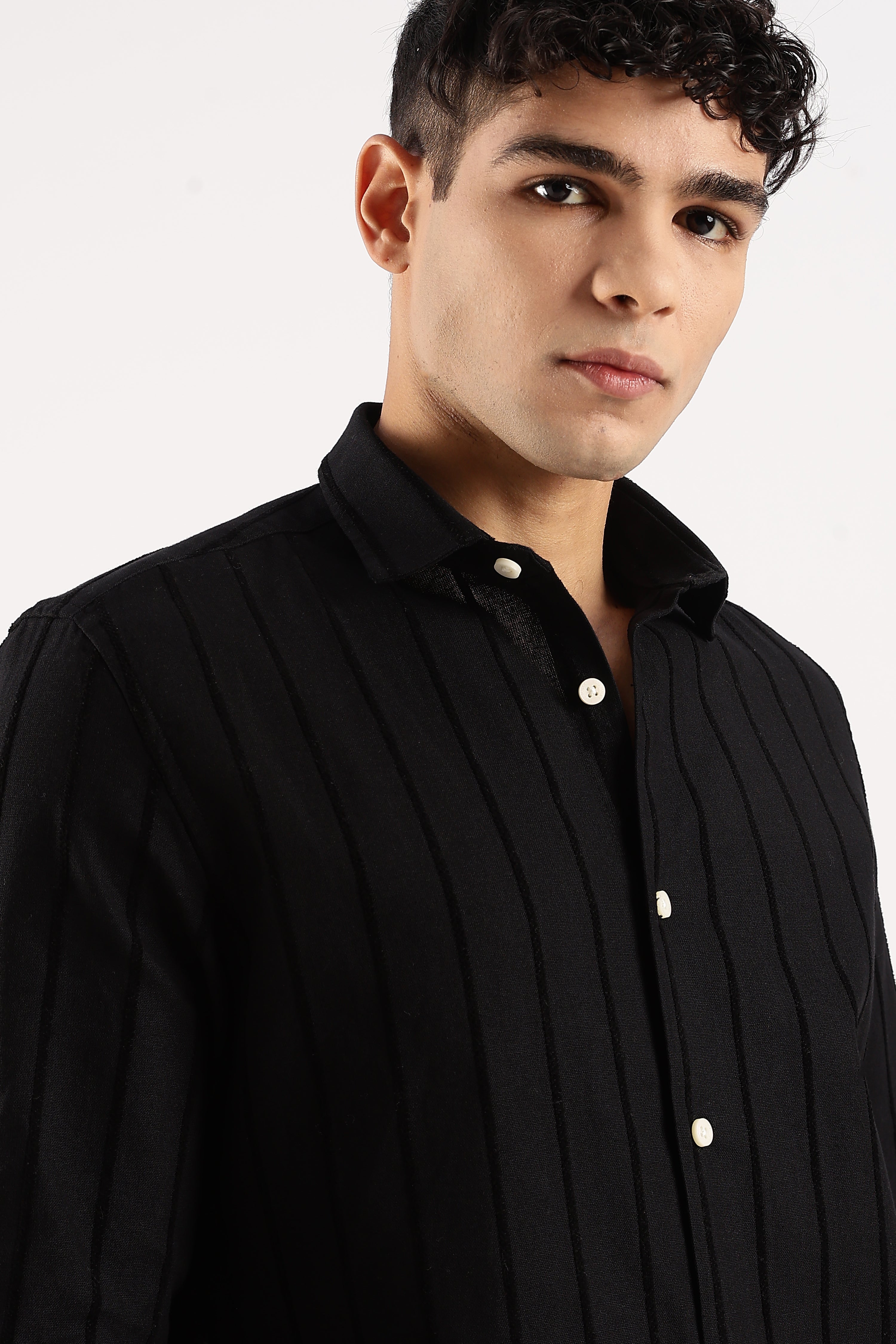 Men Black Cotton Self-Striped Shirt