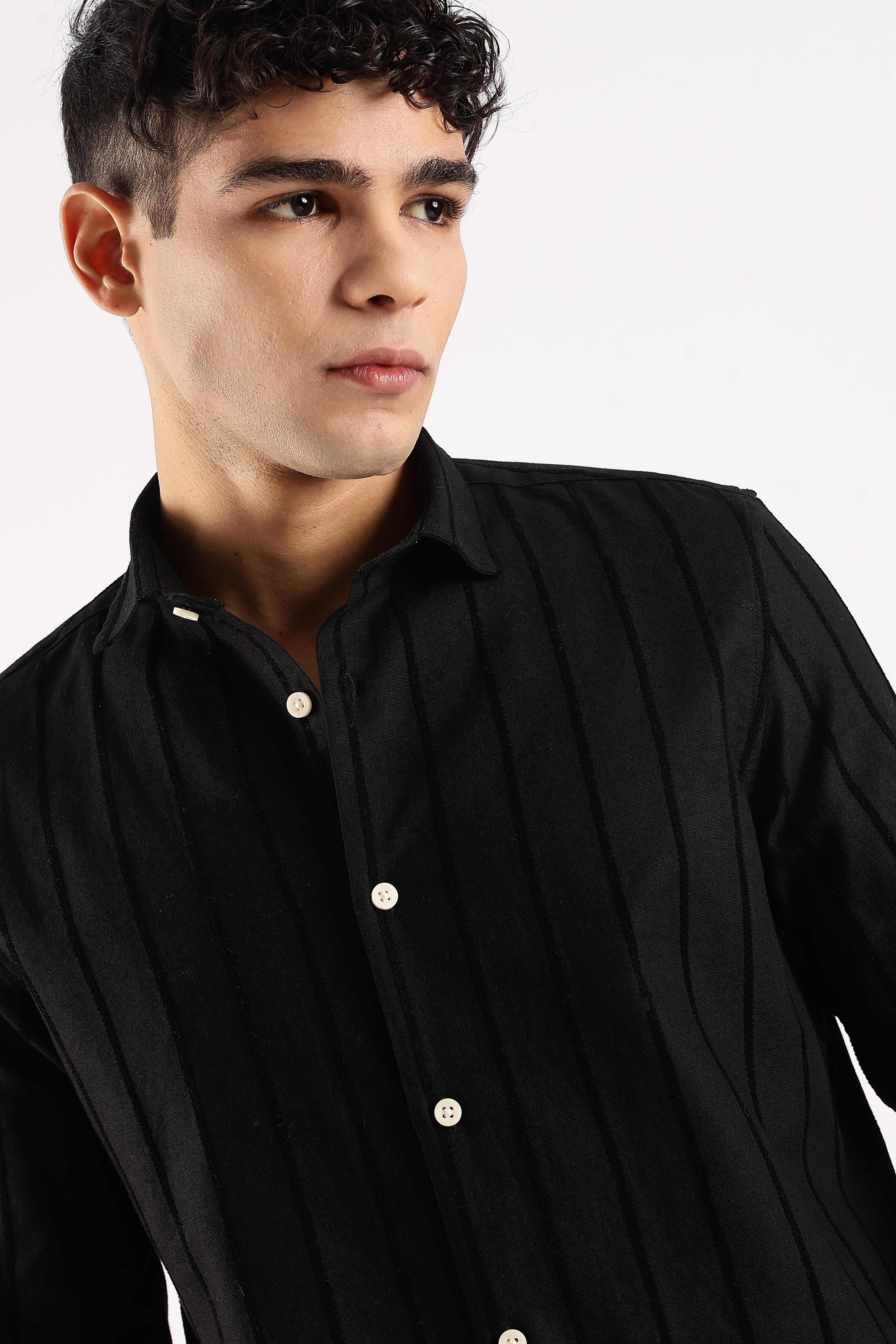Men Black Cotton Self-Striped Shirt