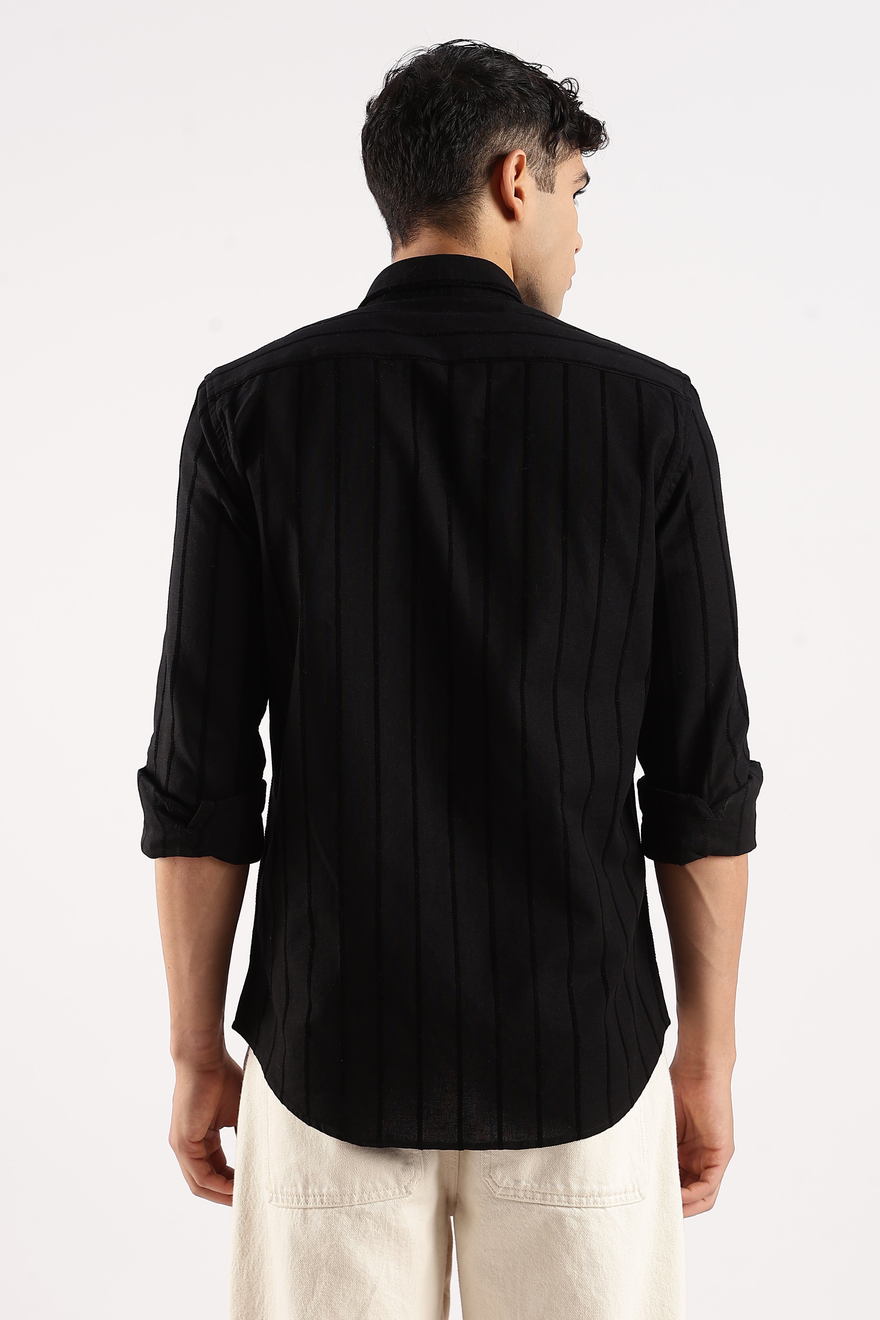Men Black Cotton Self-Striped Shirt