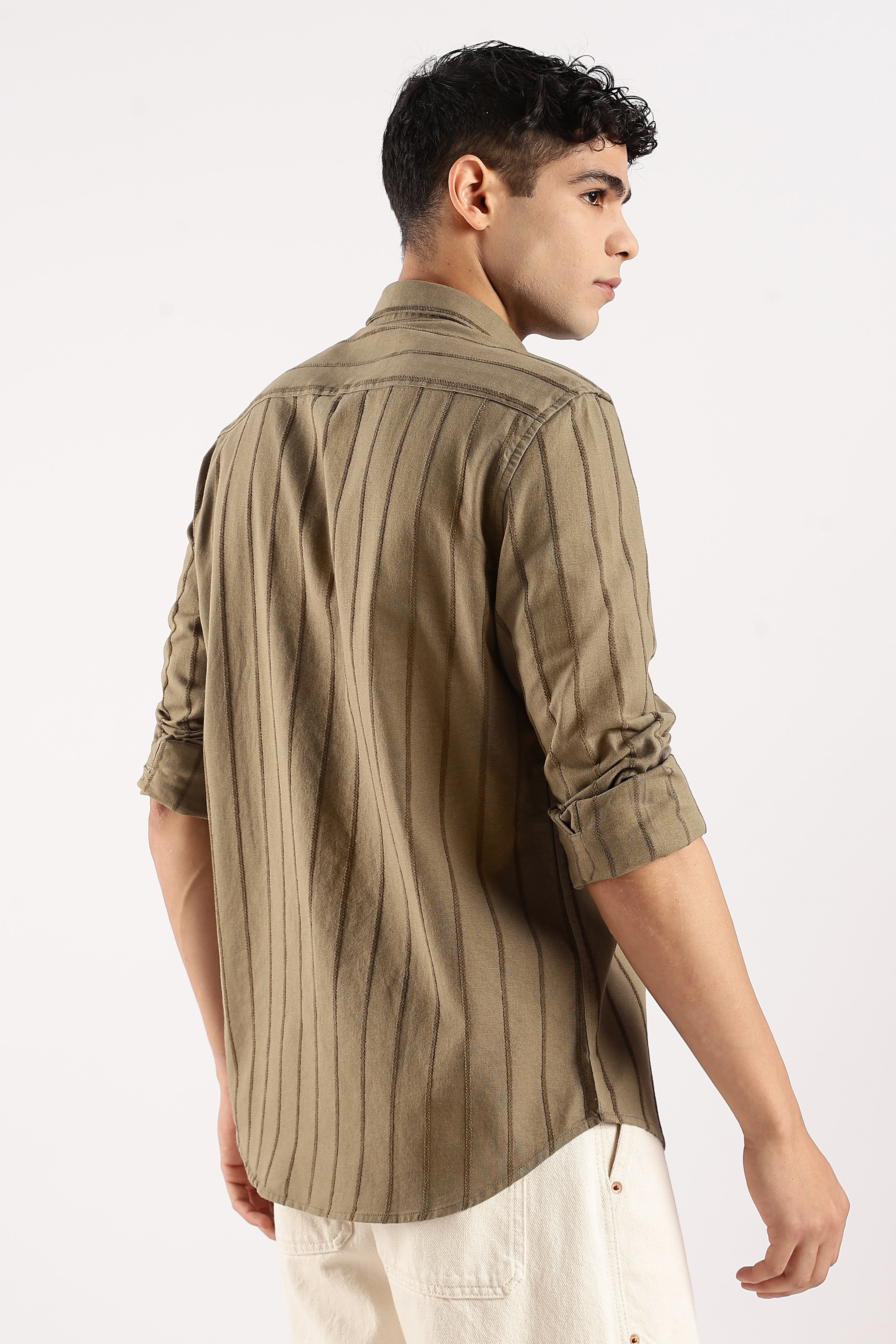 Men Green Cotton Self-Striped Shirt