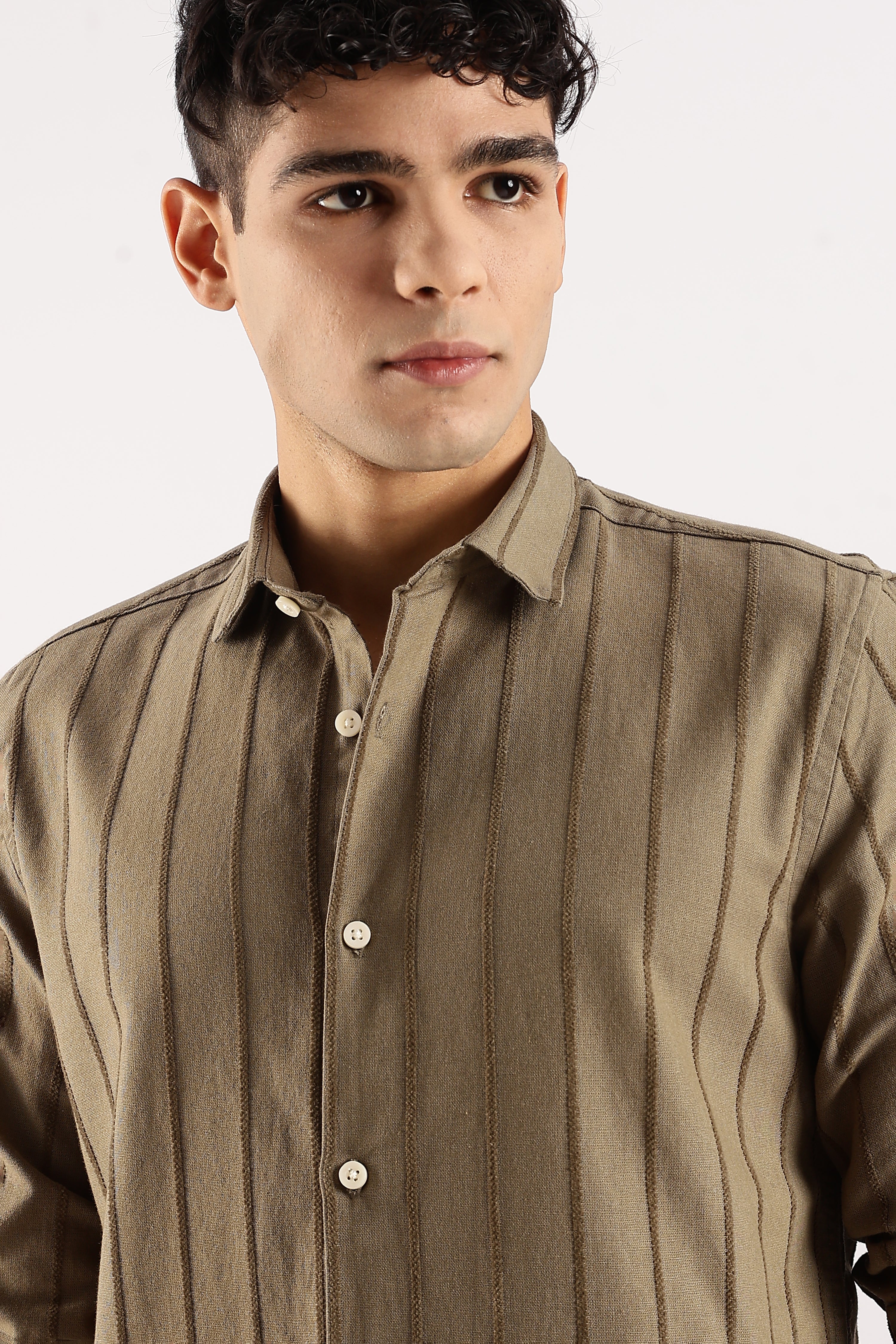 Men Green Cotton Self-Striped Shirt