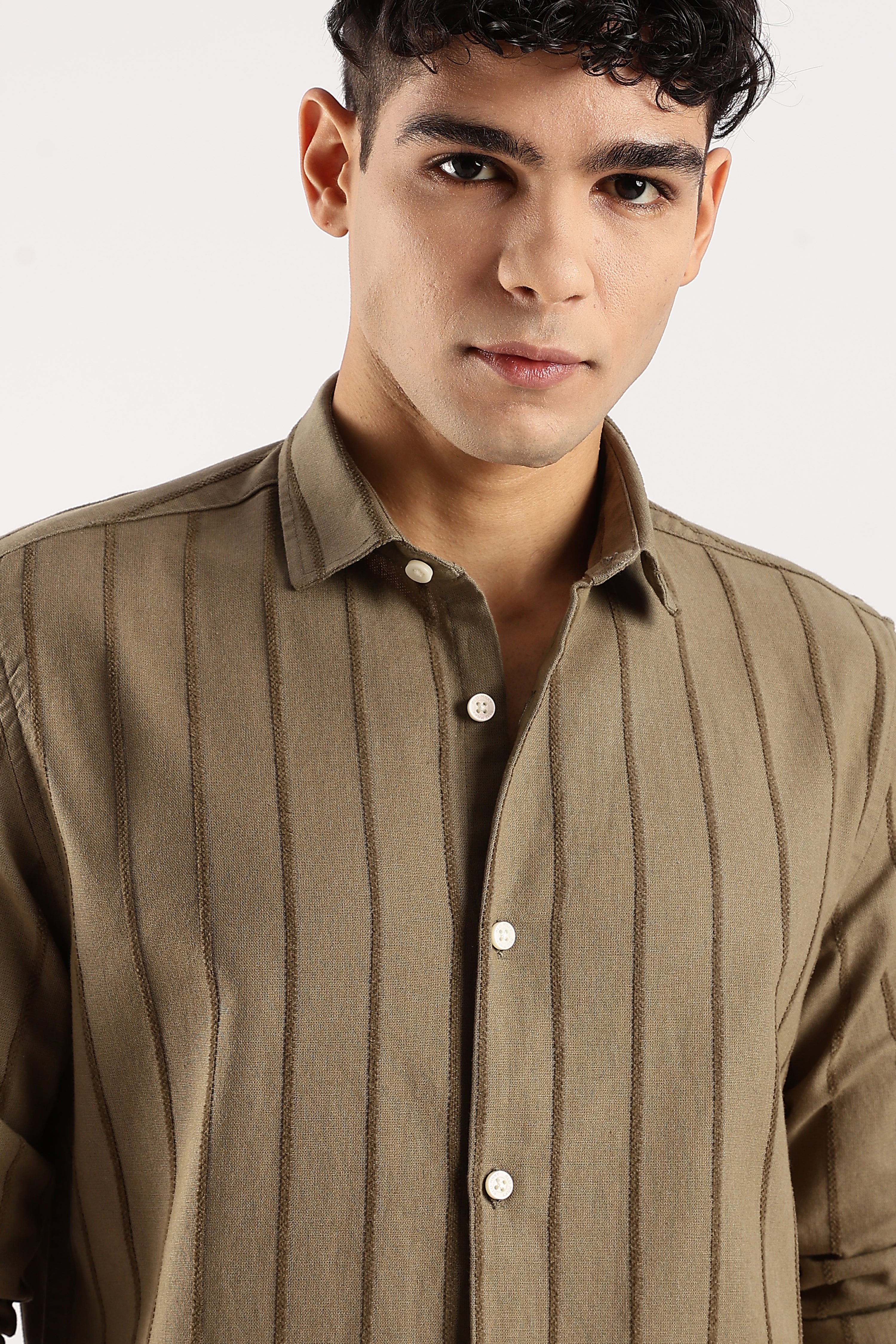 Men Green Cotton Self-Striped Shirt