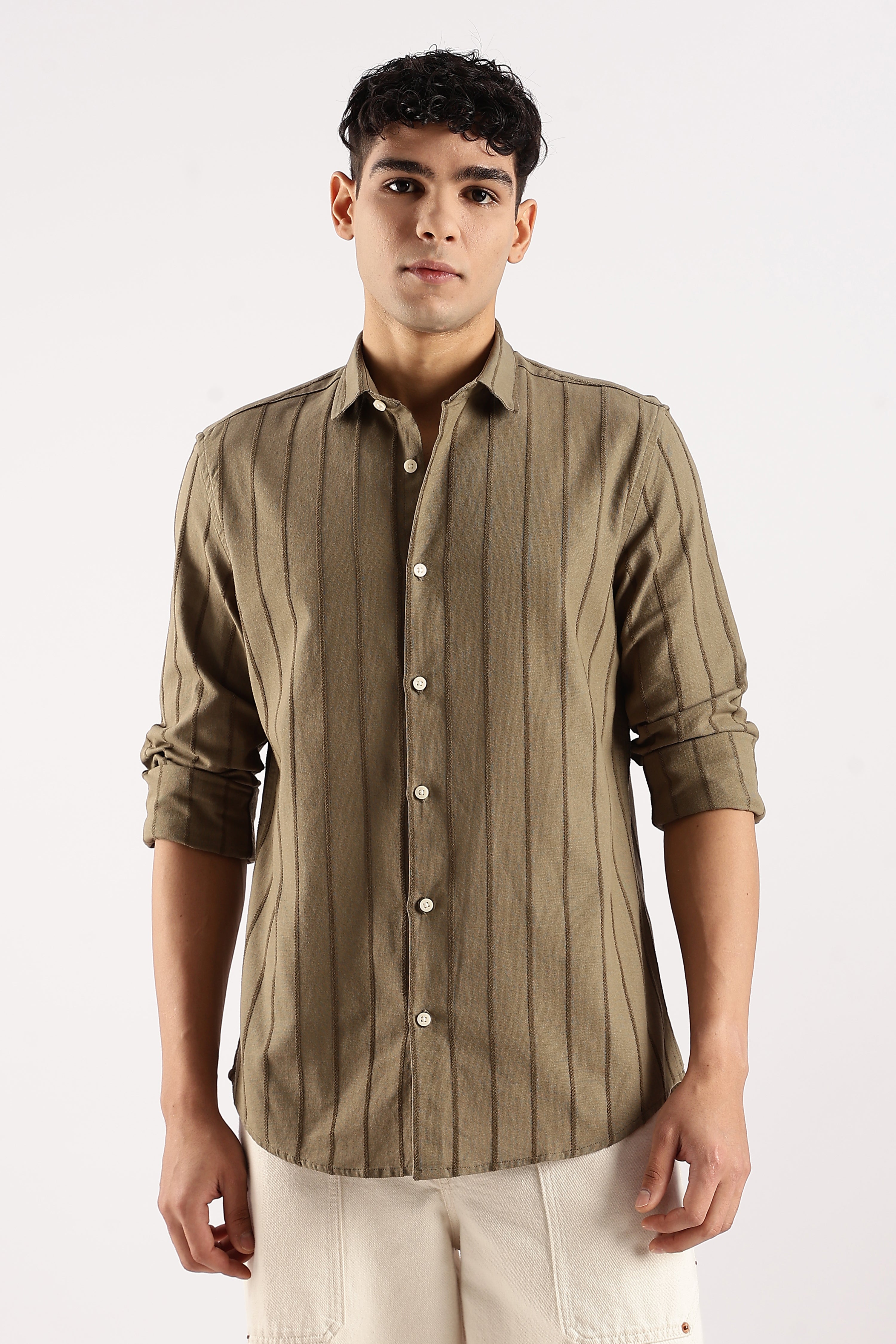 Men Green Cotton Self-Striped Shirt