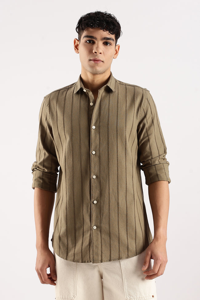 Men Green Cotton Self-Striped Shirt