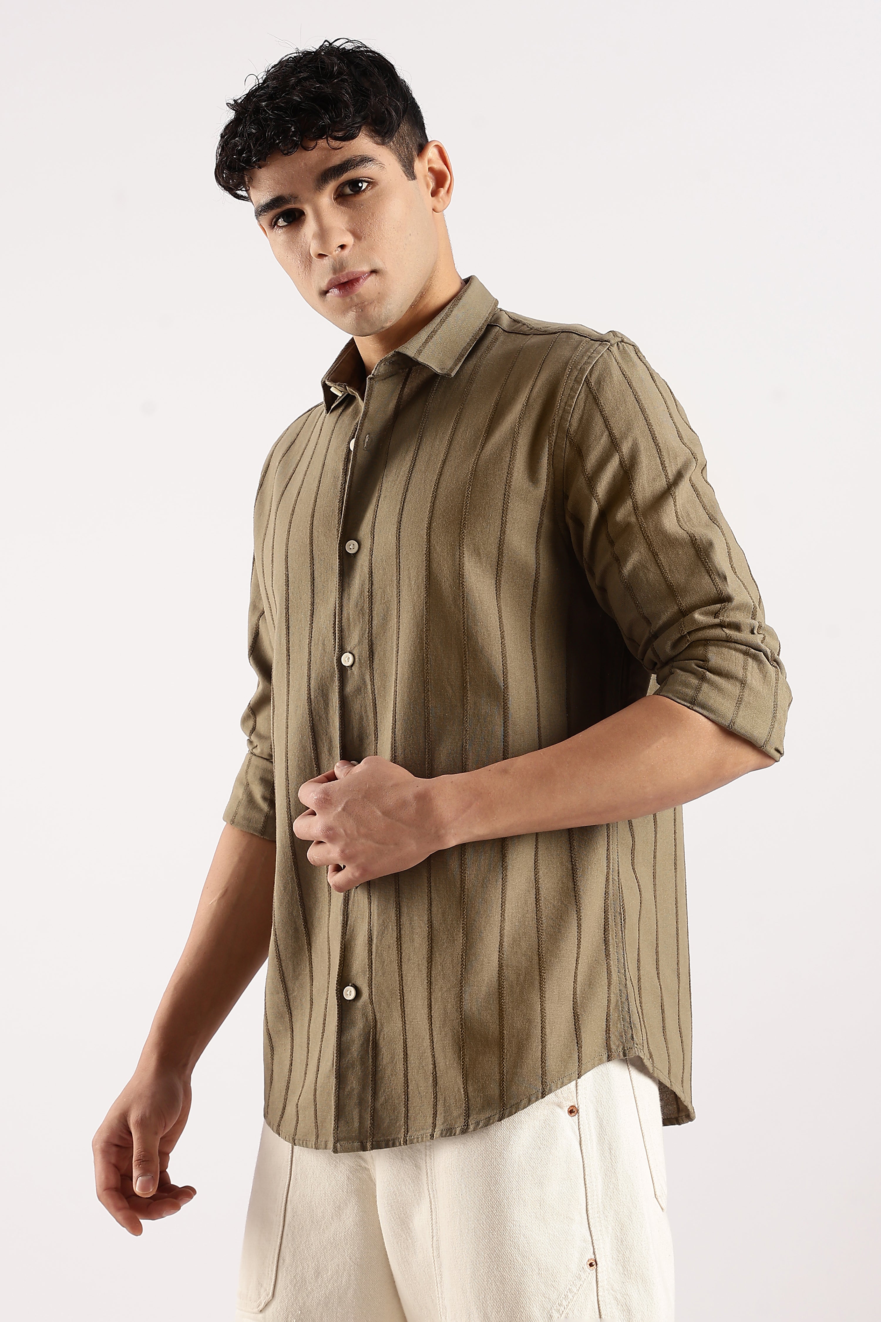 Men Green Cotton Self-Striped Shirt