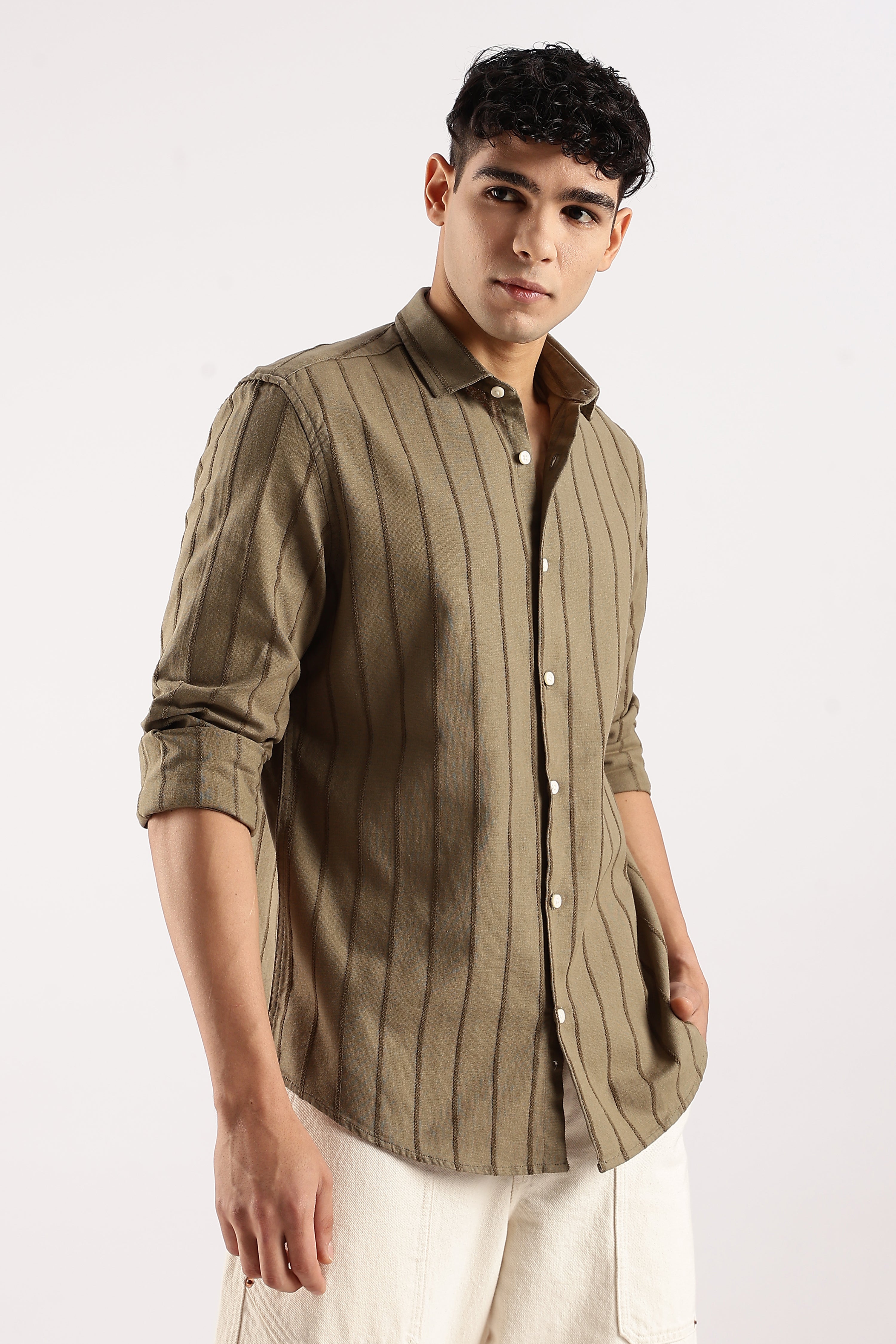Men Green Cotton Self-Striped Shirt