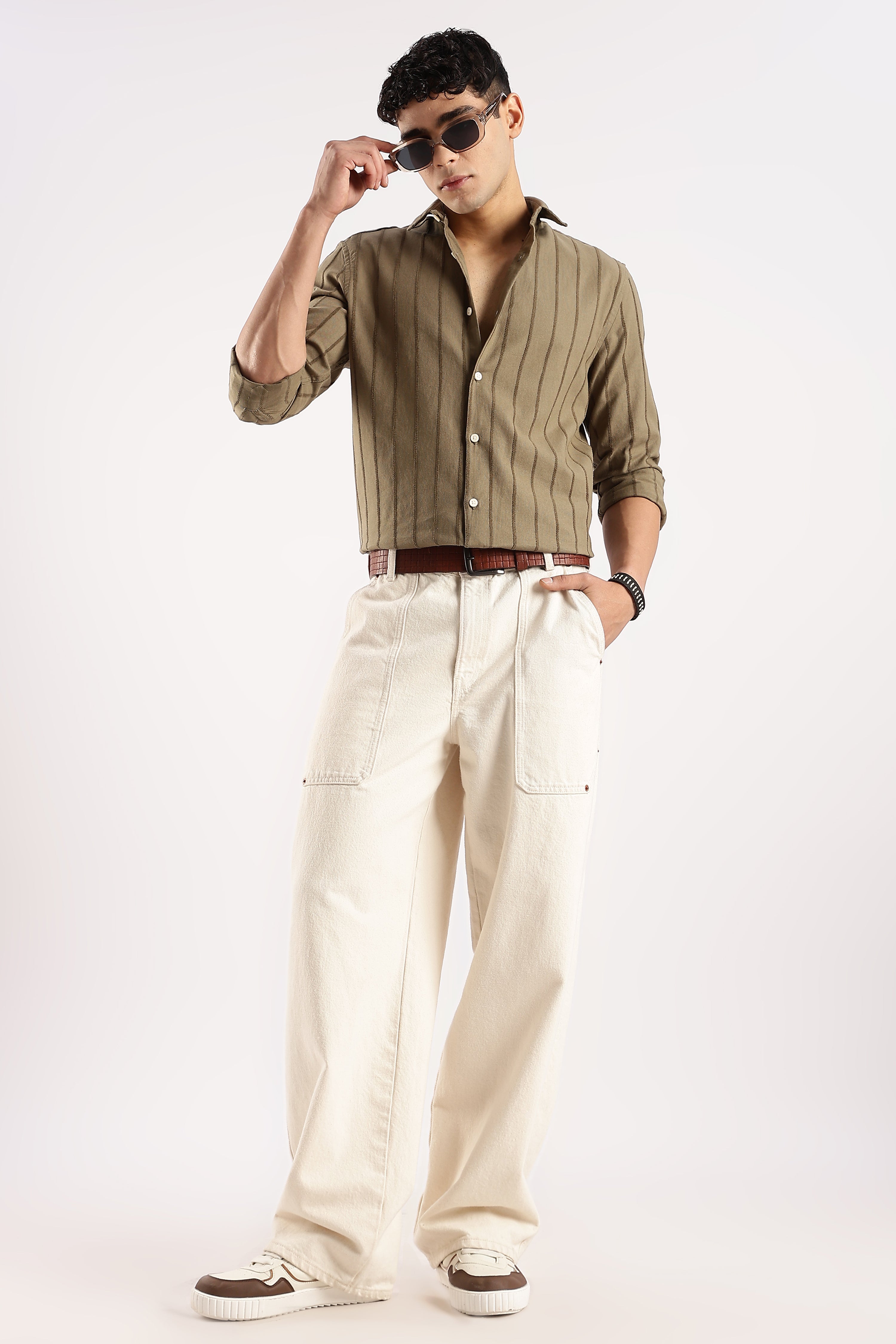 Men Green Cotton Self-Striped Shirt