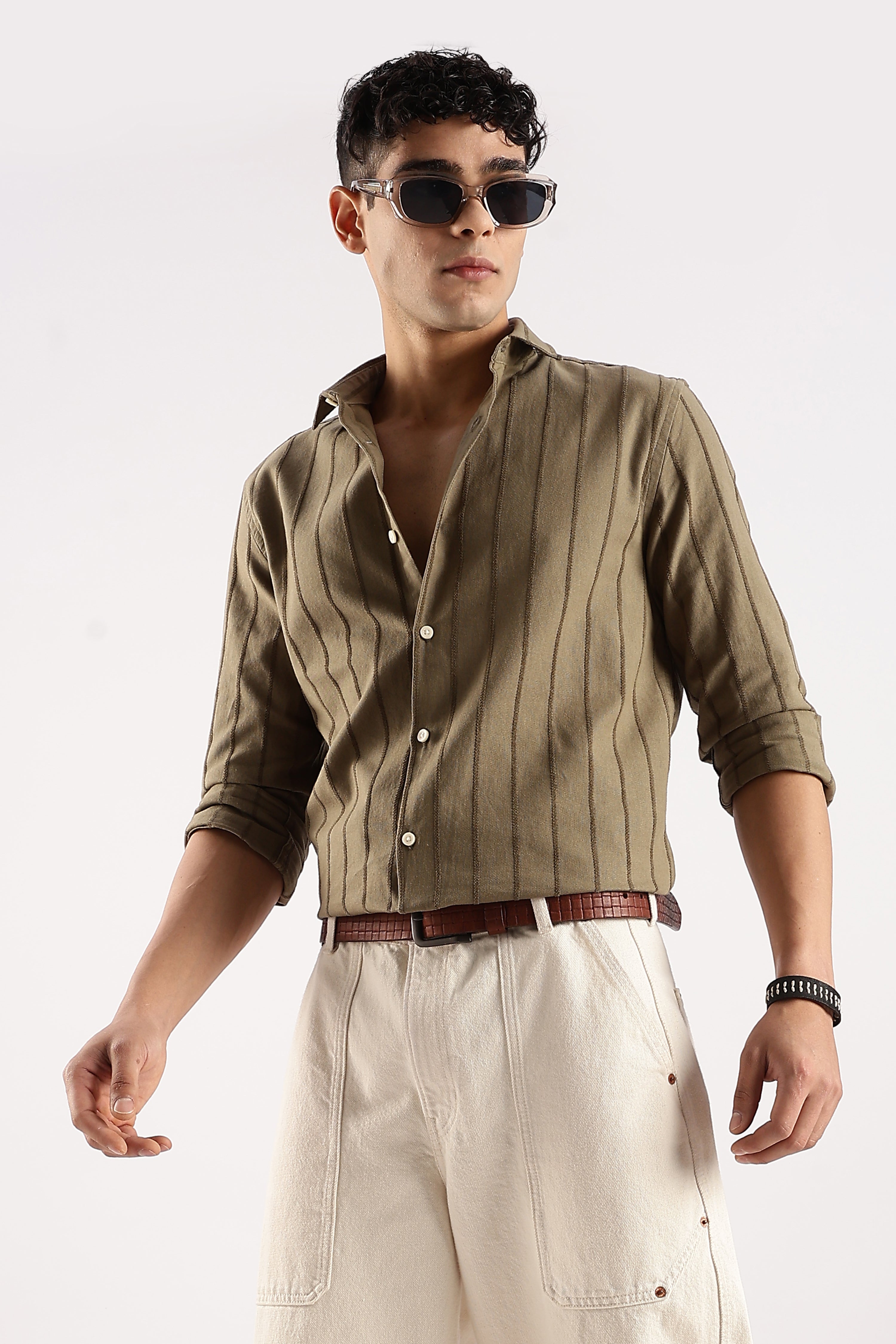 Men Green Cotton Self-Striped Shirt