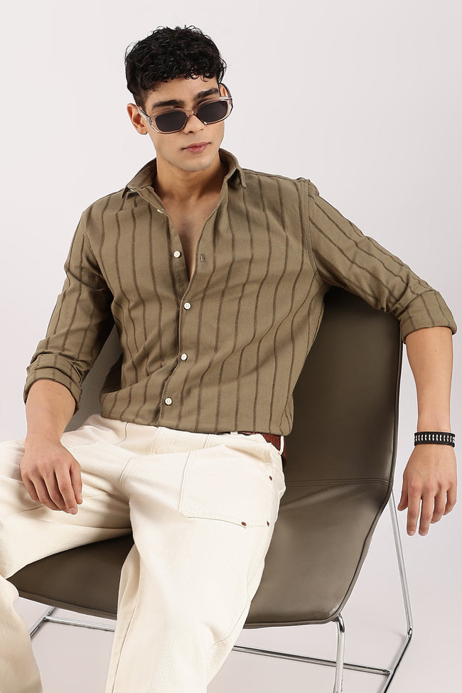 Men Green Cotton Self-Striped Shirt