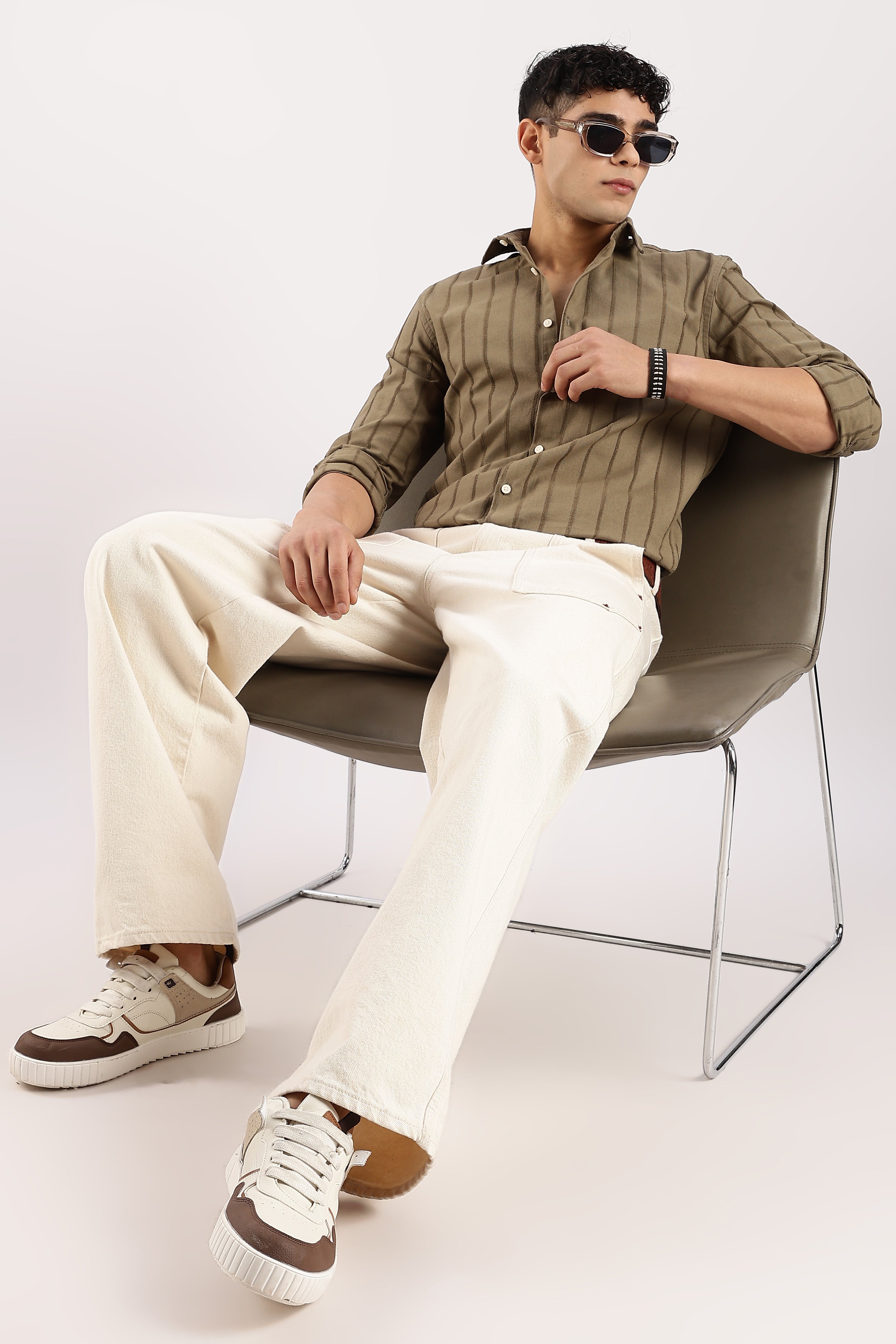 Men Green Cotton Self-Striped Shirt