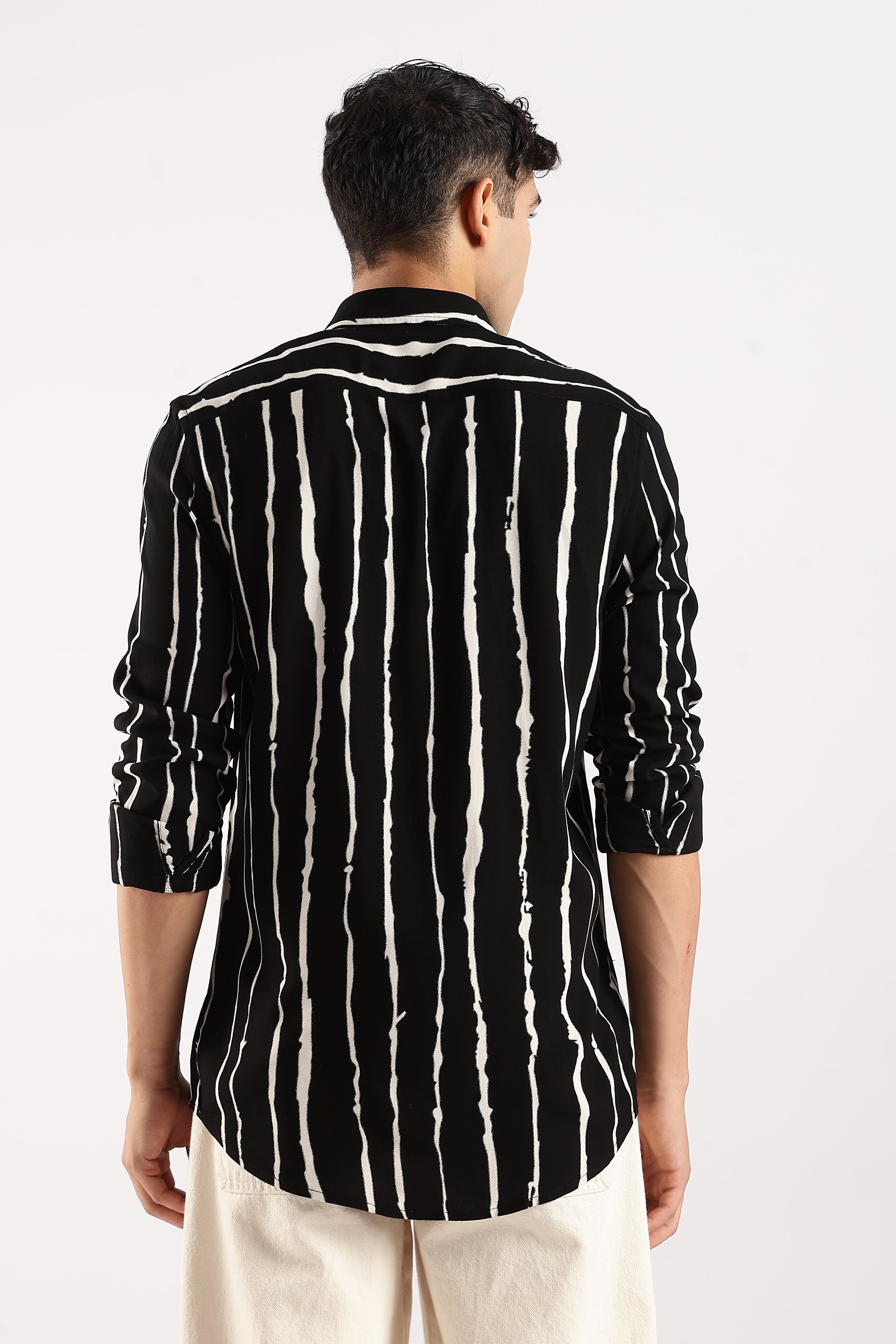 Men Black Viscose Striped Shirt