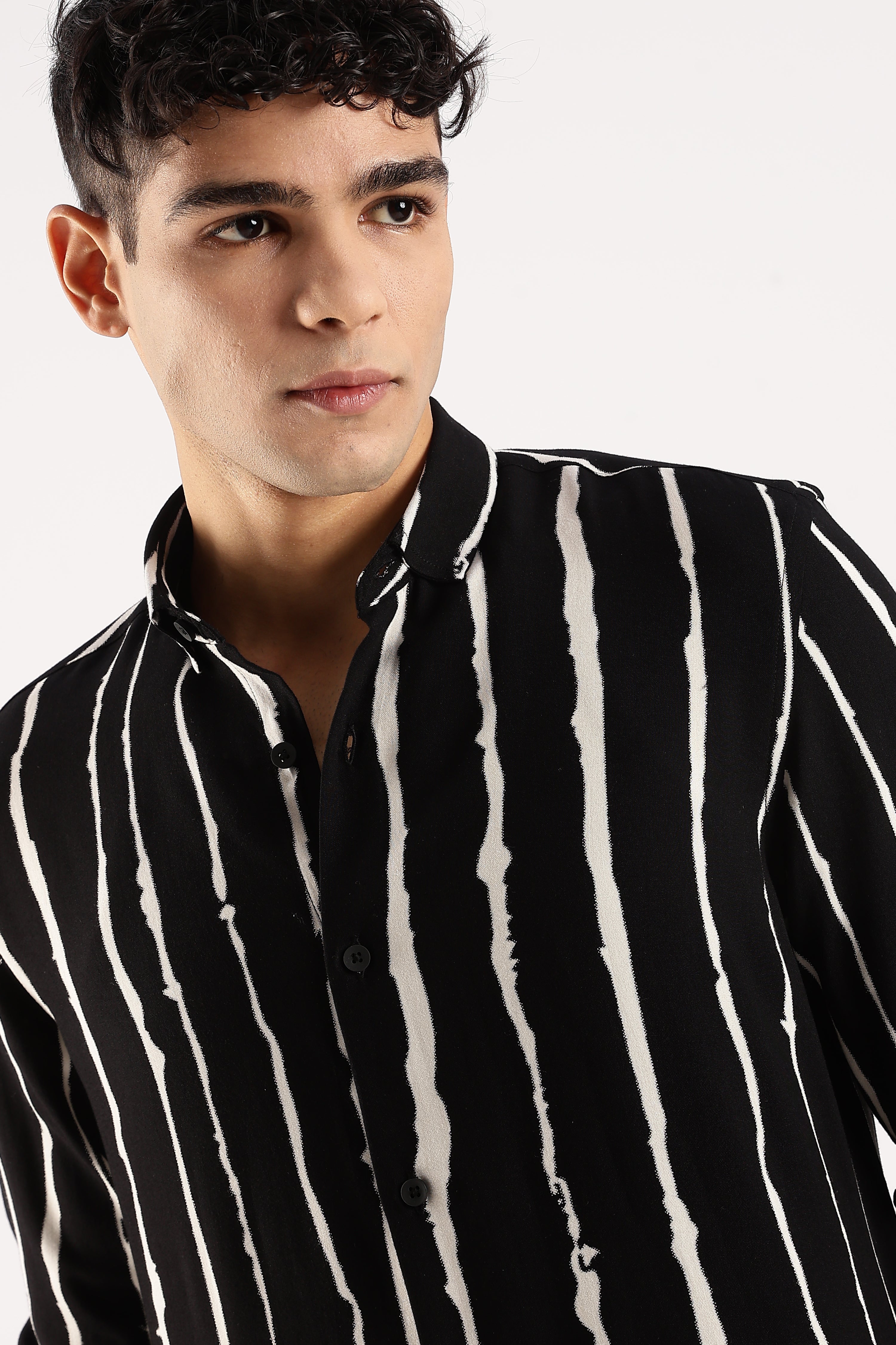 Men Black Viscose Striped Shirt
