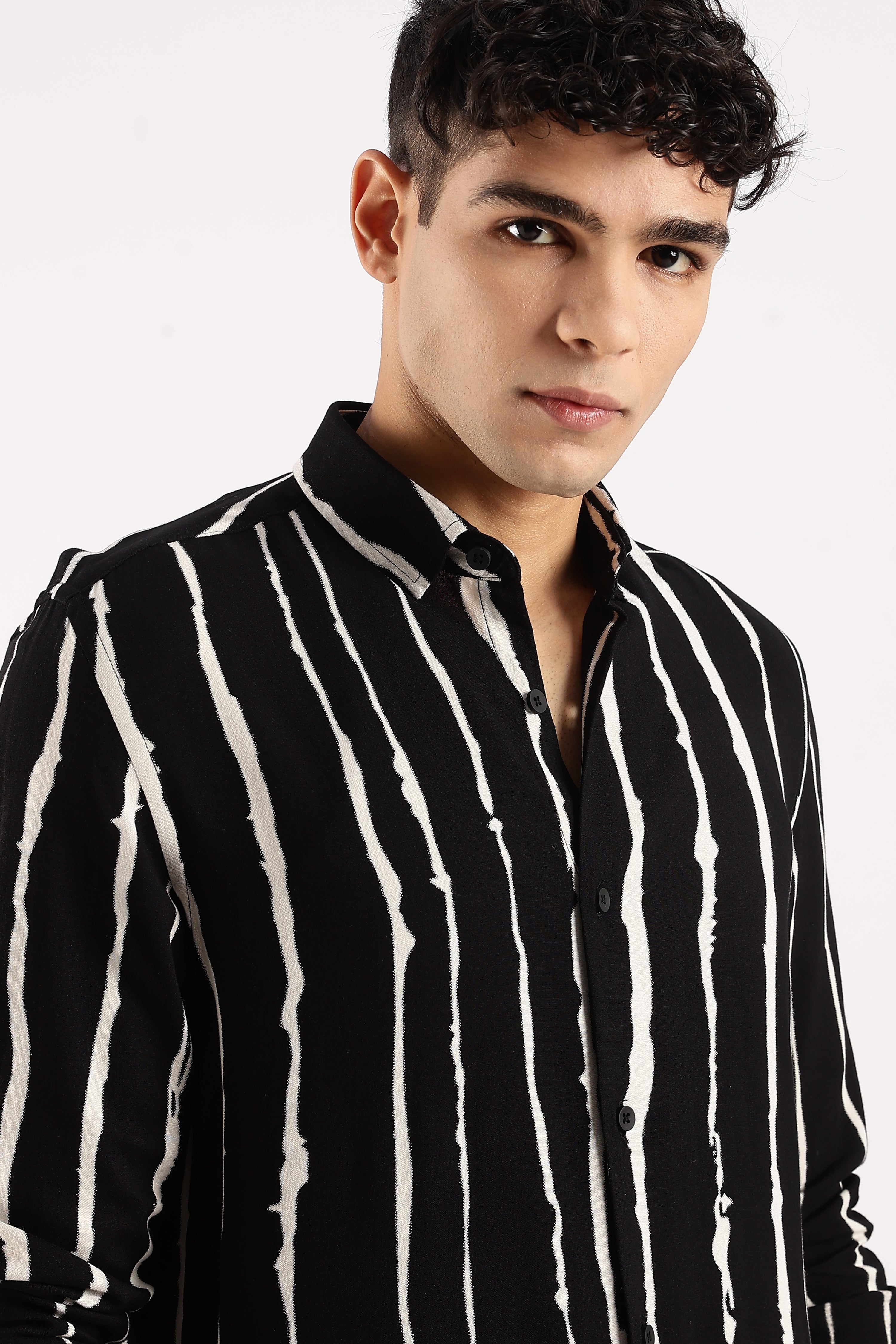 Men Black Viscose Striped Shirt
