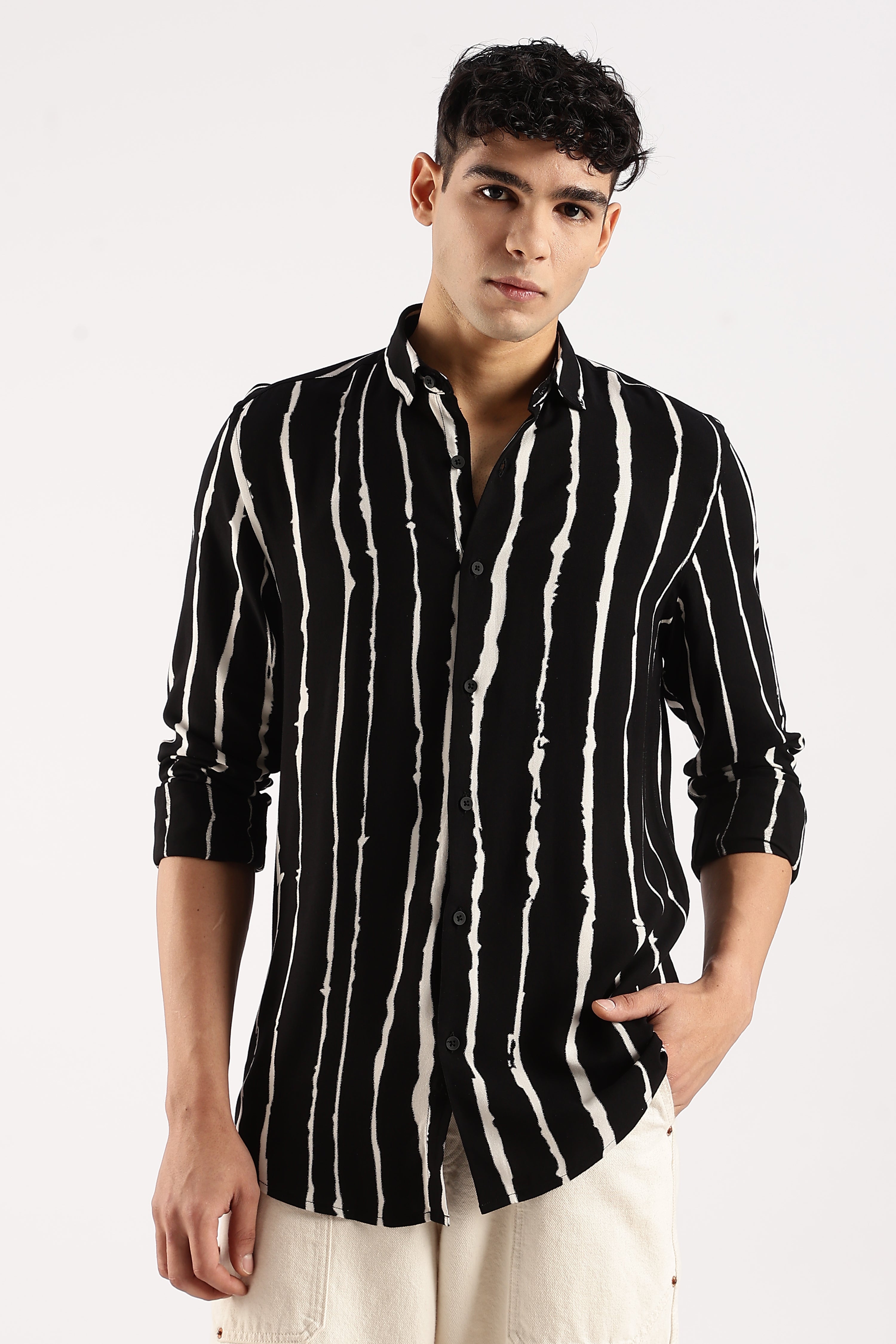 Men Black Viscose Striped Shirt