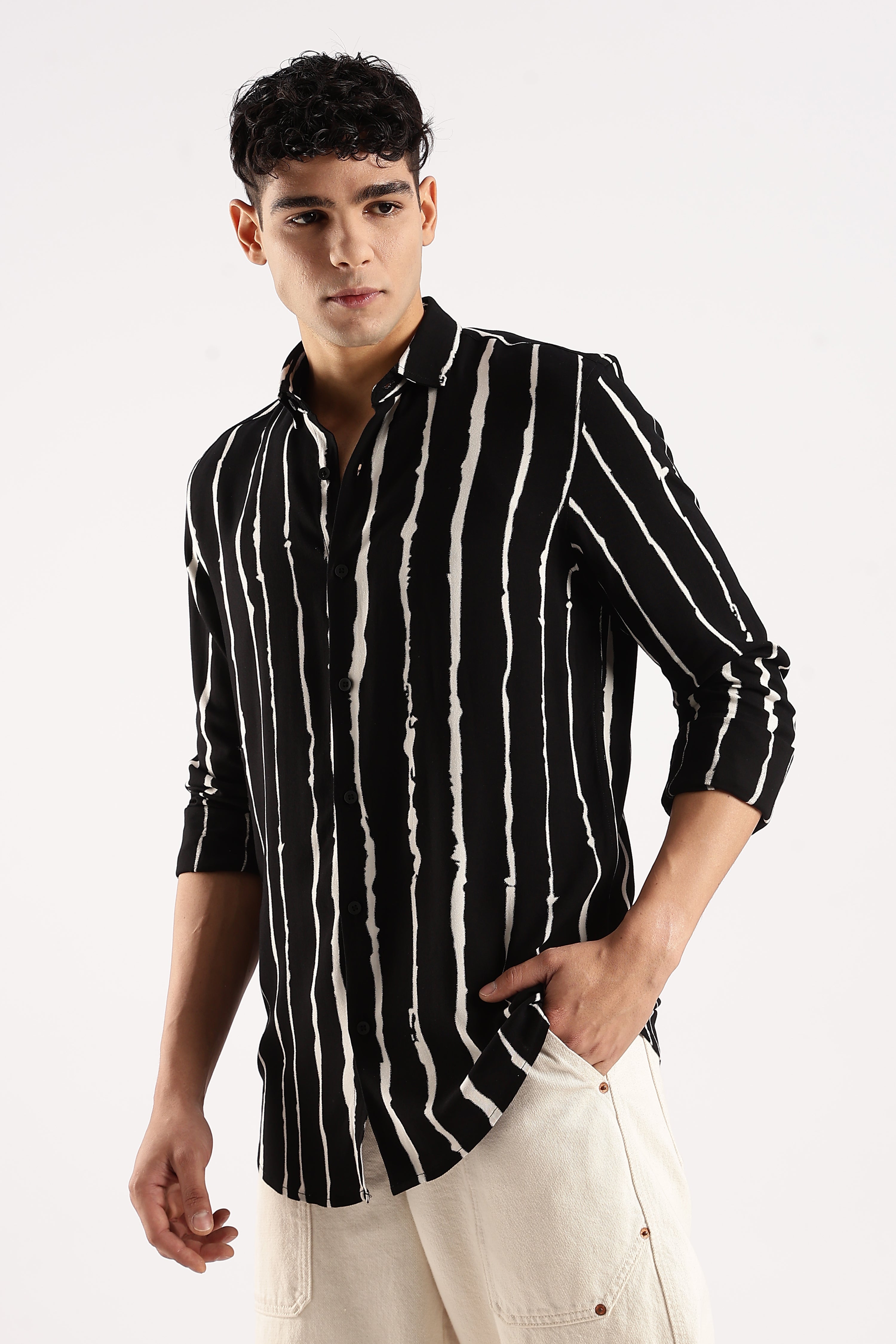 Men Black Viscose Striped Shirt