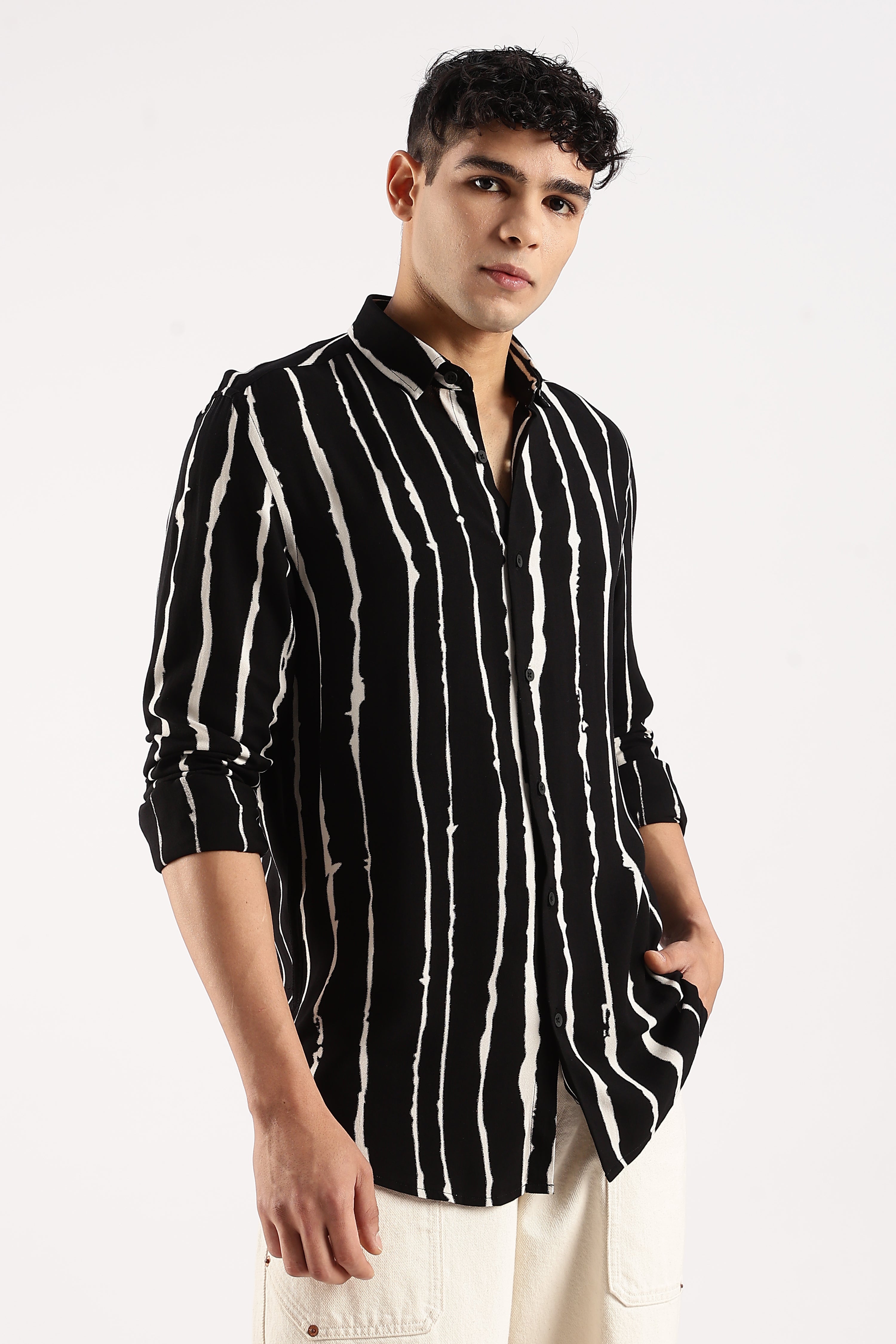Men Black Viscose Striped Shirt