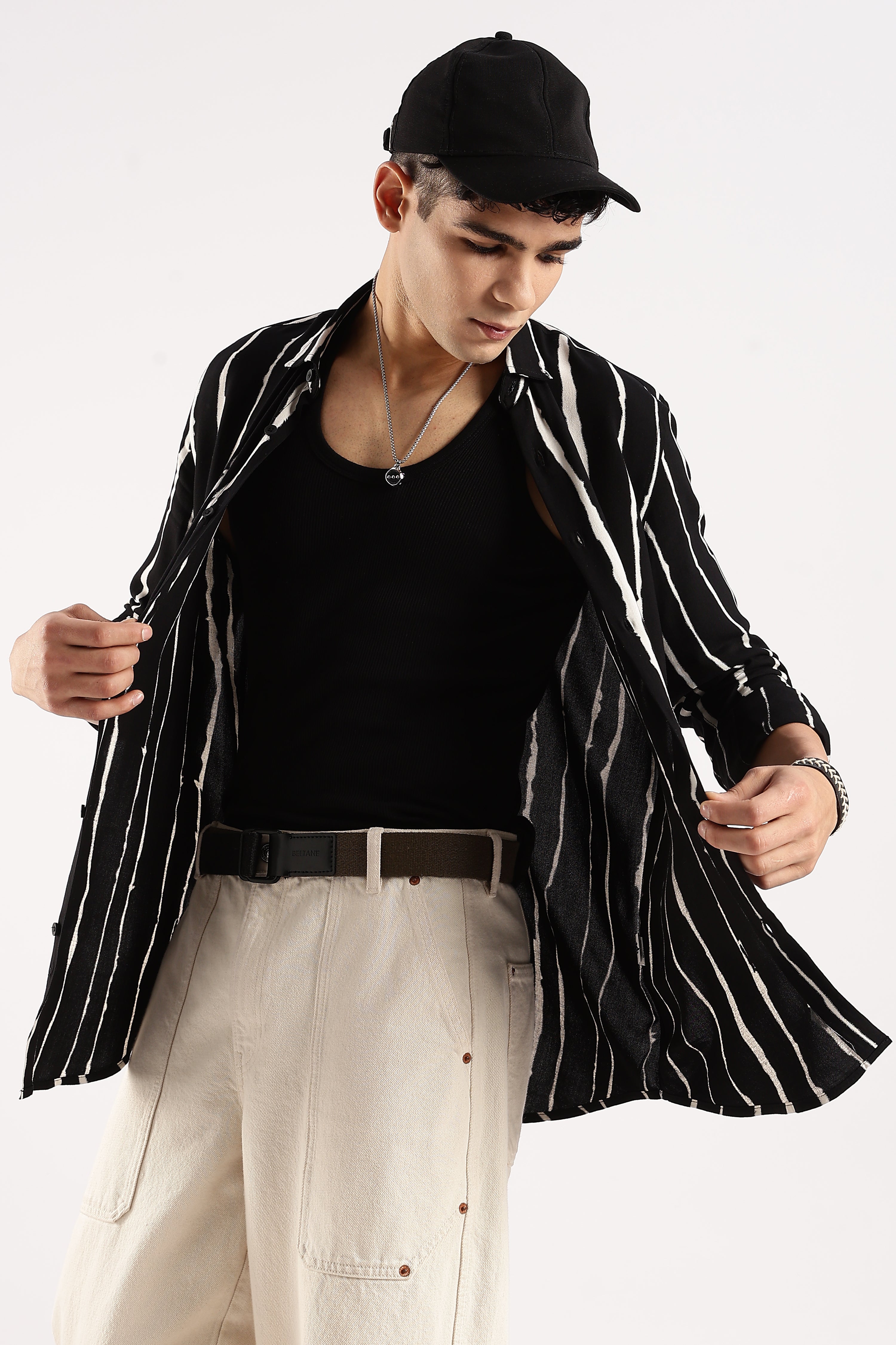 Men Black Viscose Striped Shirt